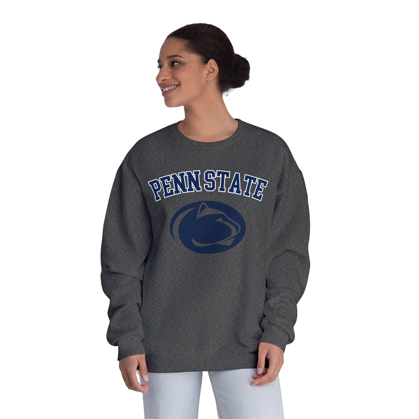 Person wearing a gray 'Penn State' sweatshirt on a white background