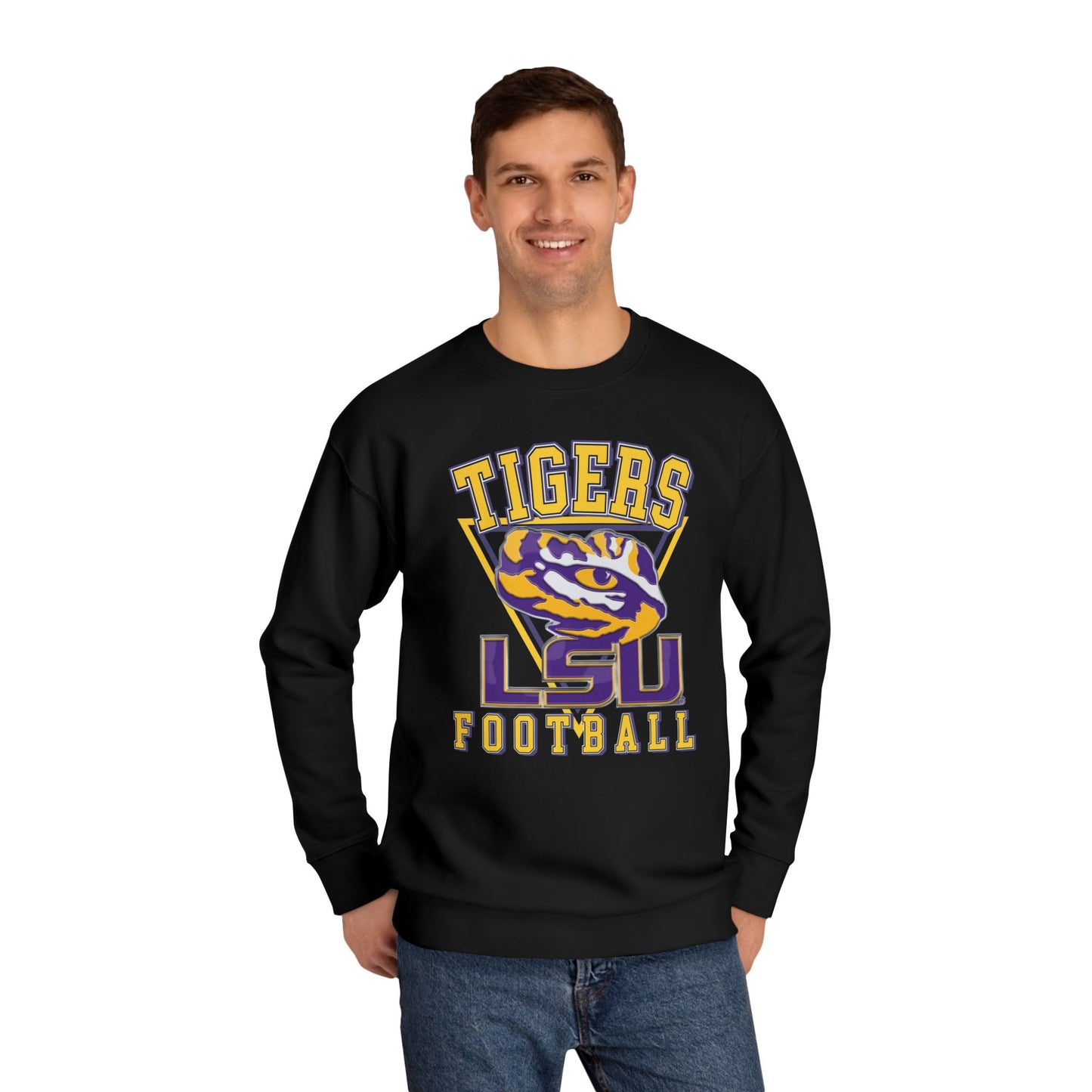 Person wearing a black LSU Tigers football sweatshirt on a white background