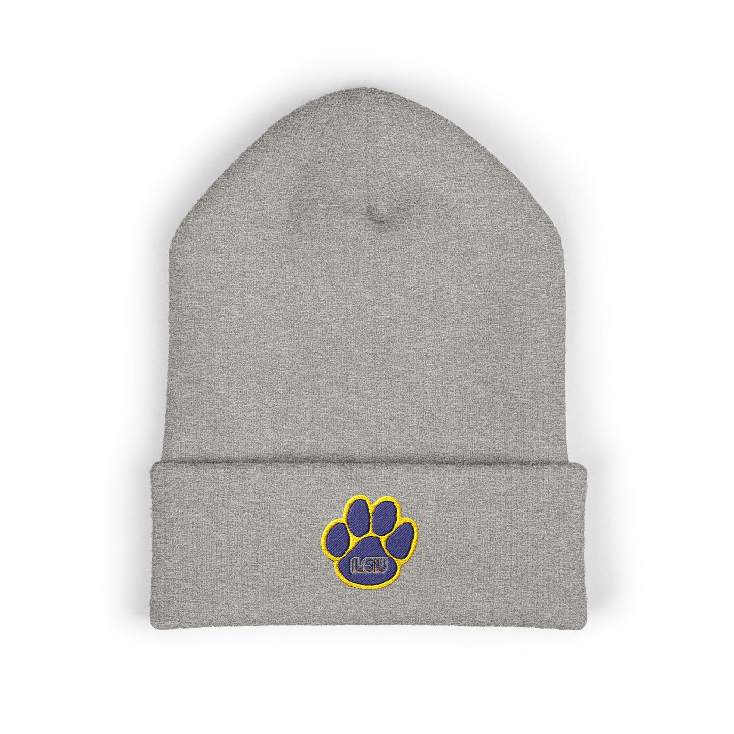 Gray beanie with a paw print logo on a white background