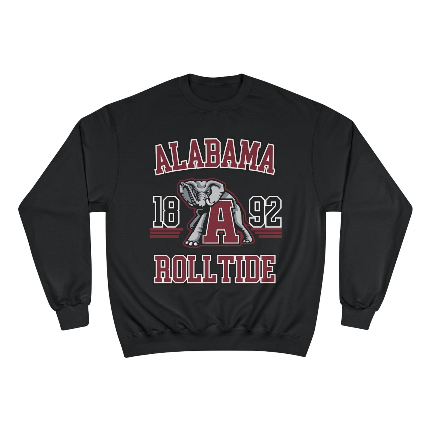 Black sweatshirt with 'Alabama 1892 Roll Tide' text and elephant graphic on a white background