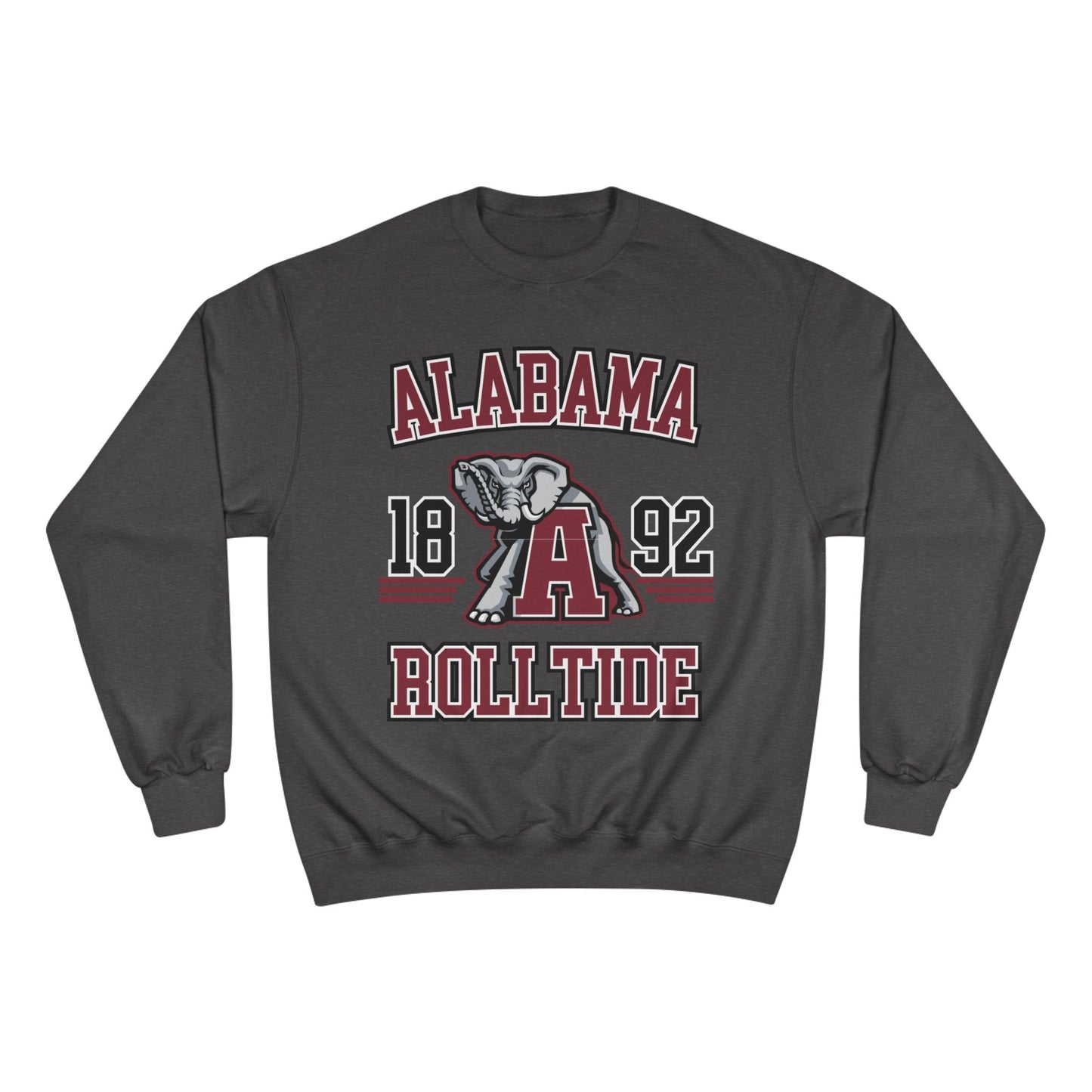 Gray sweatshirt with 'Alabama 1892 Roll Tide' text and elephant graphic on a white background