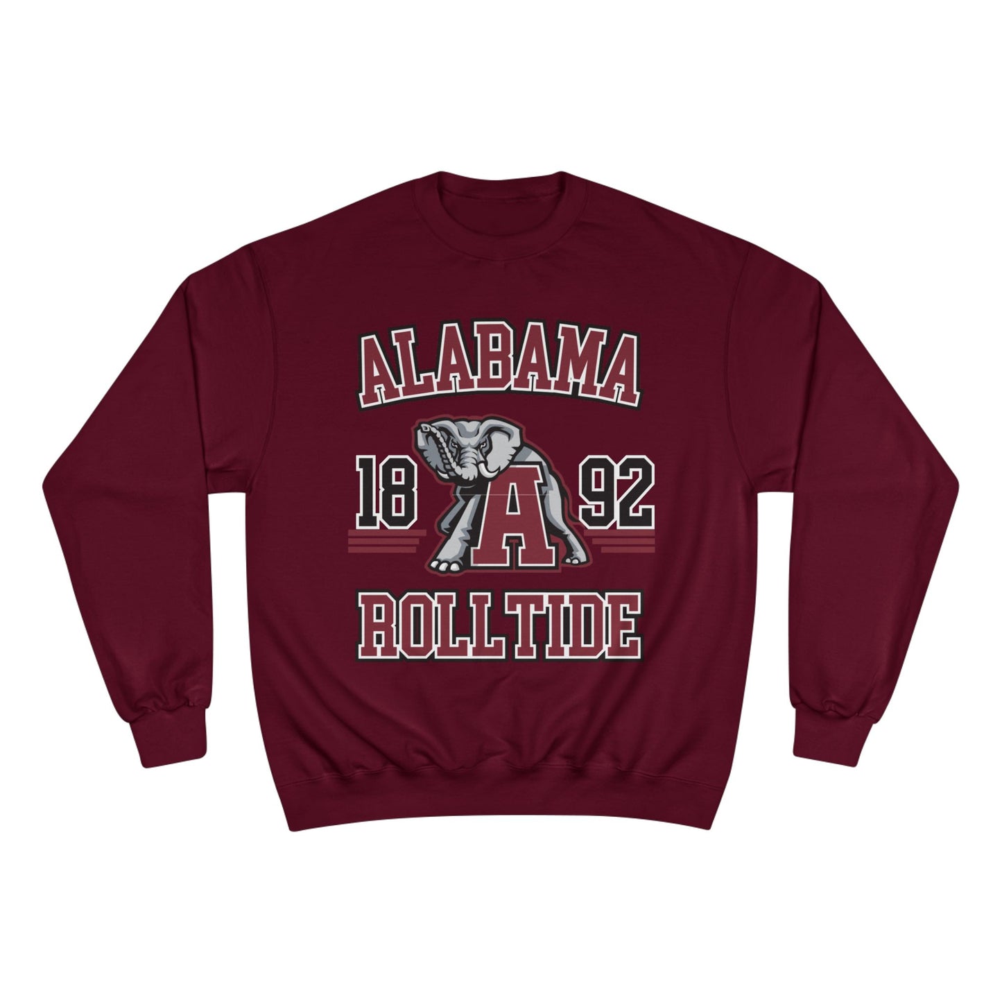 Maroon sweatshirt with 'Alabama 1892 Roll Tide' text and elephant graphic on a white background