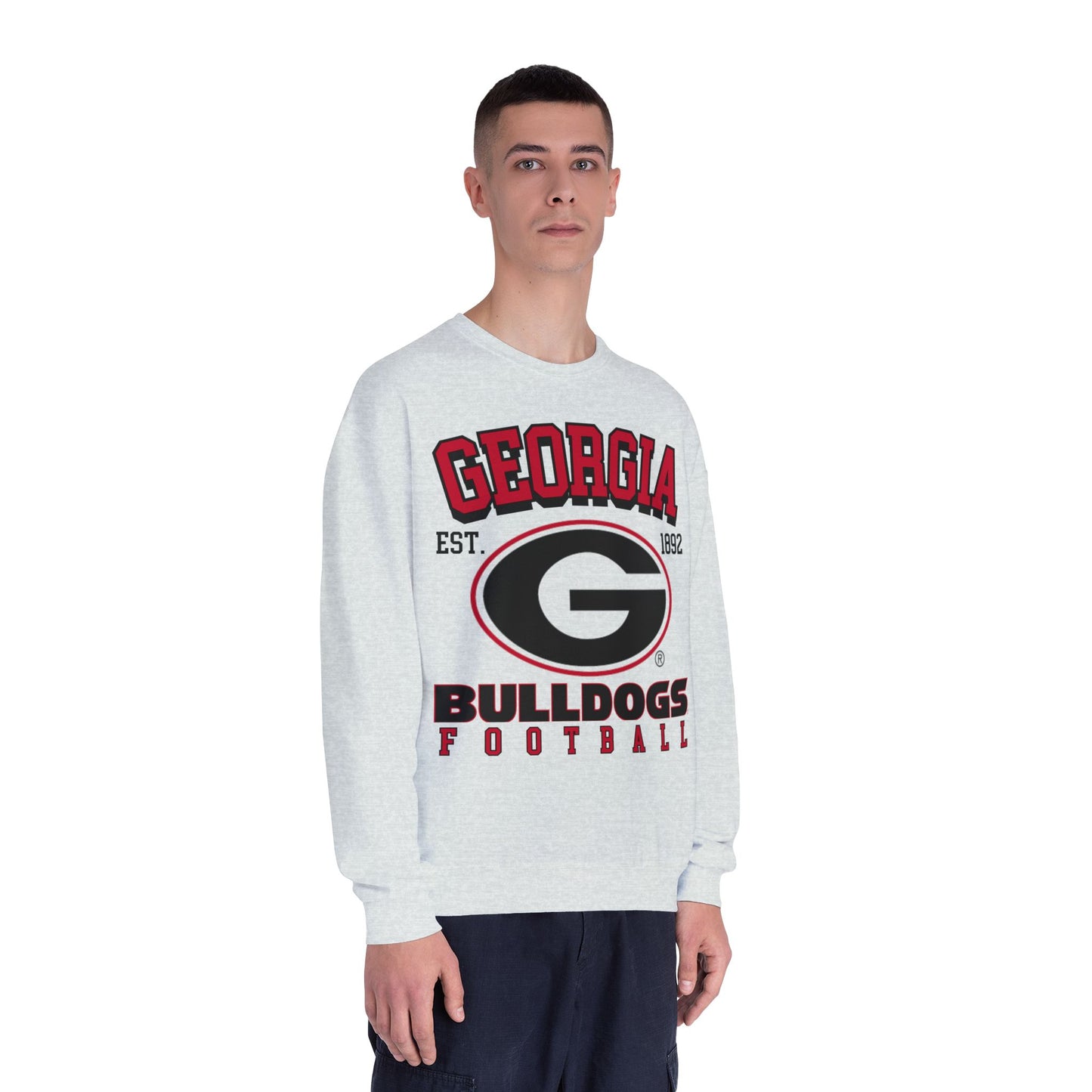 Person wearing a white sweatshirt with 'Georgia Bulldogs Football' text and logo on a white background