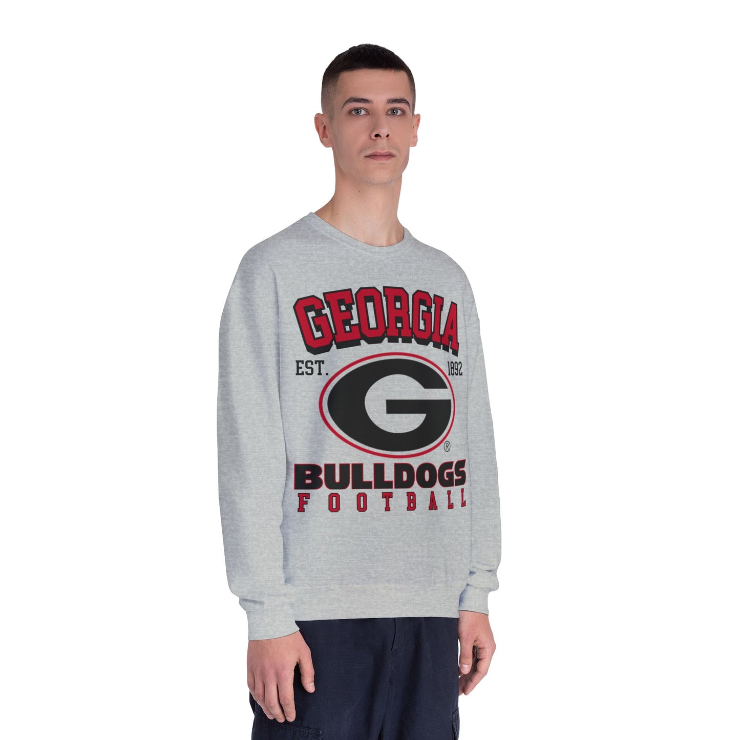 Person wearing a gray 'Georgia Bulldogs' sweatshirt on a white background