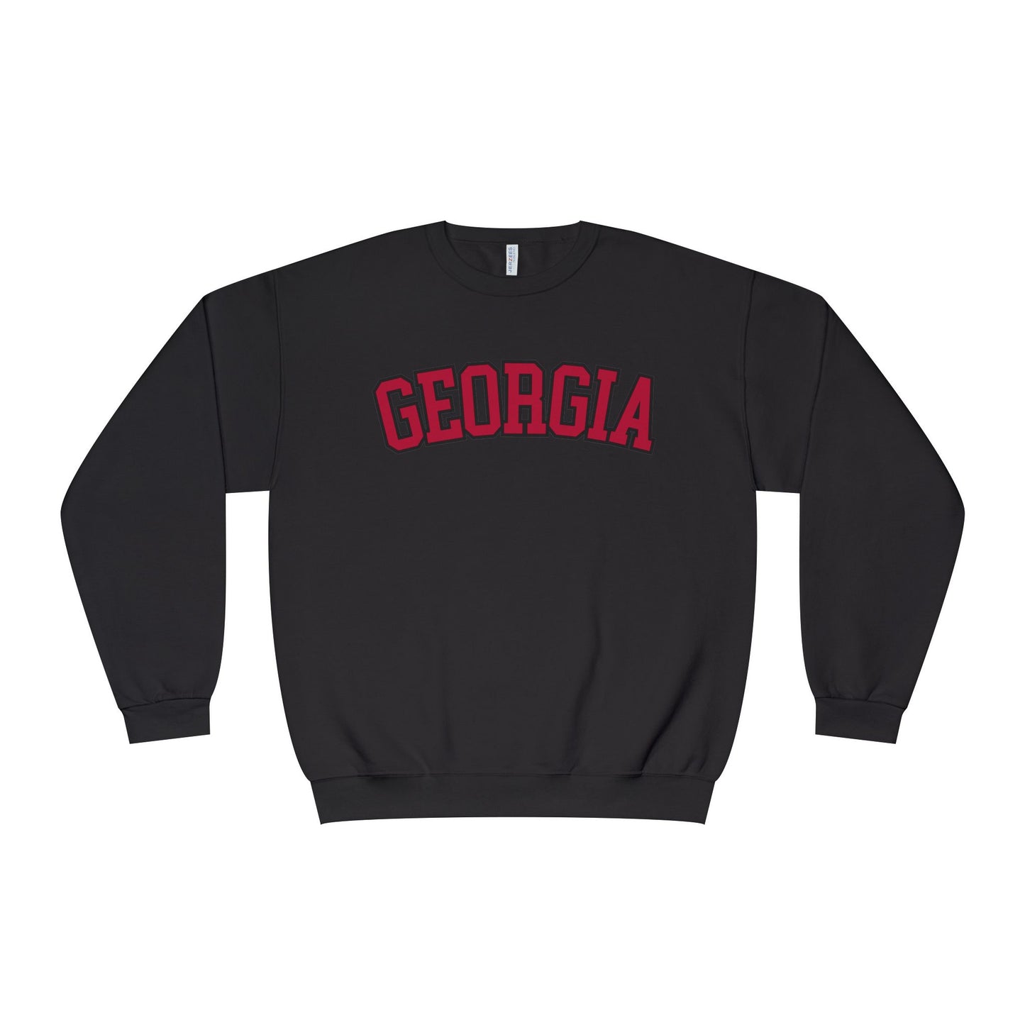 Black sweatshirt with 'GEORGIA' printed in red on a white background