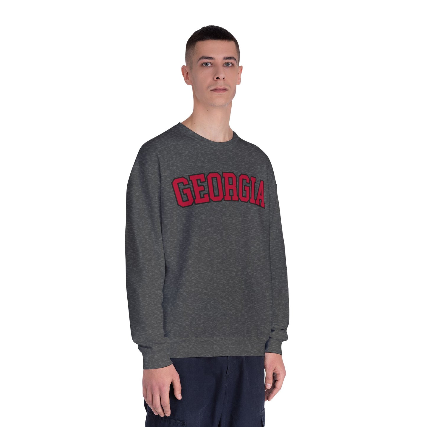 Person wearing a gray sweatshirt with 'Georgia' printed in red on a white background