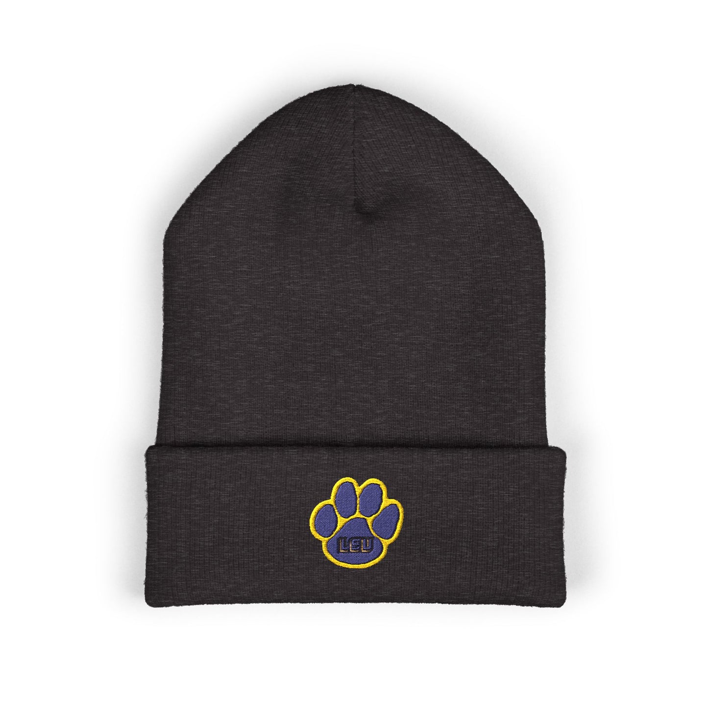 Black beanie with a paw print logo on a white background