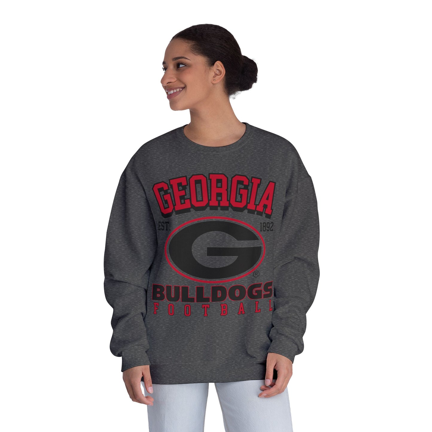Woman wearing a gray 'Georgia Bulldogs Football' sweatshirt on a white background
