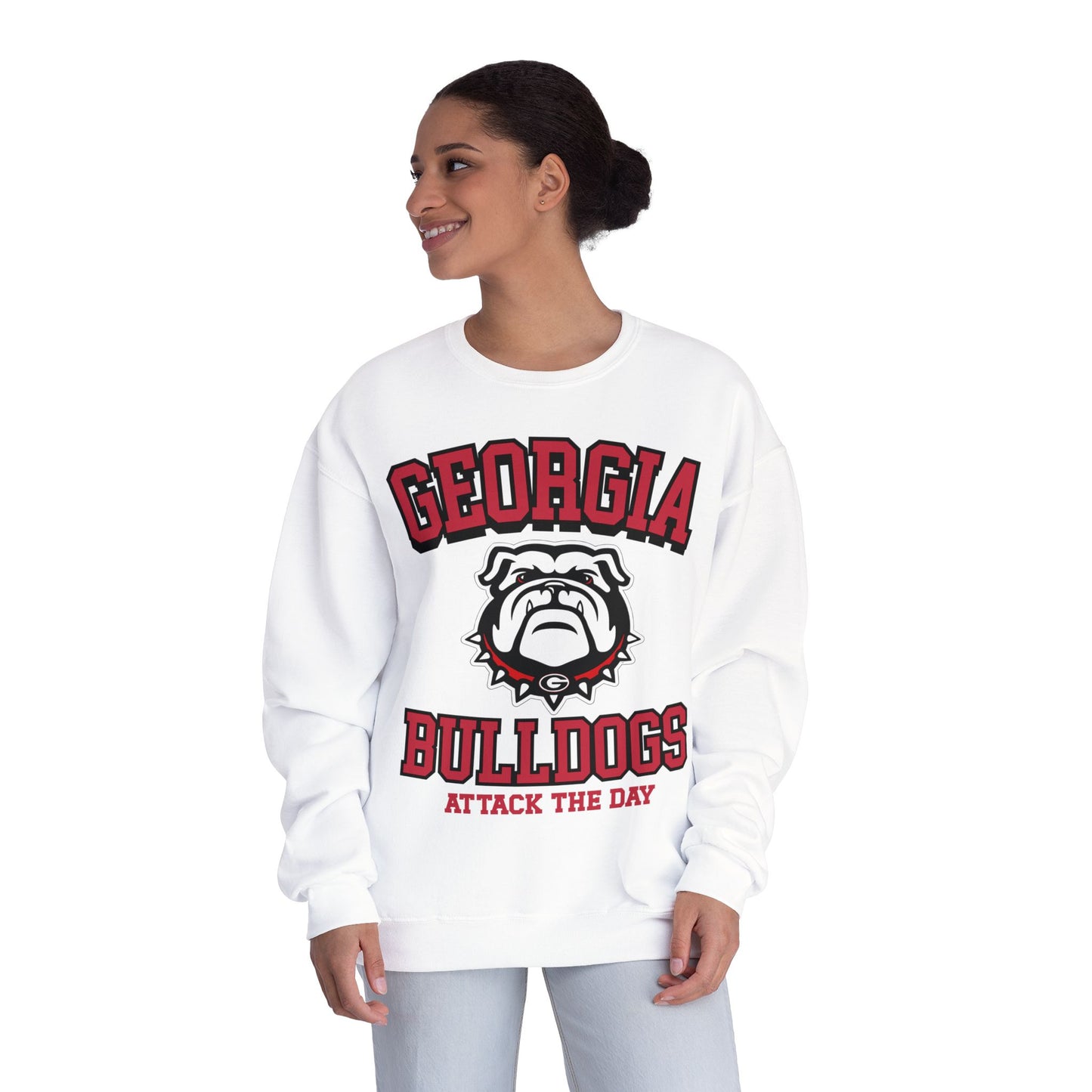 Woman wearing a white sweatshirt with 'Georgia Bulldogs' text and logo on a white background