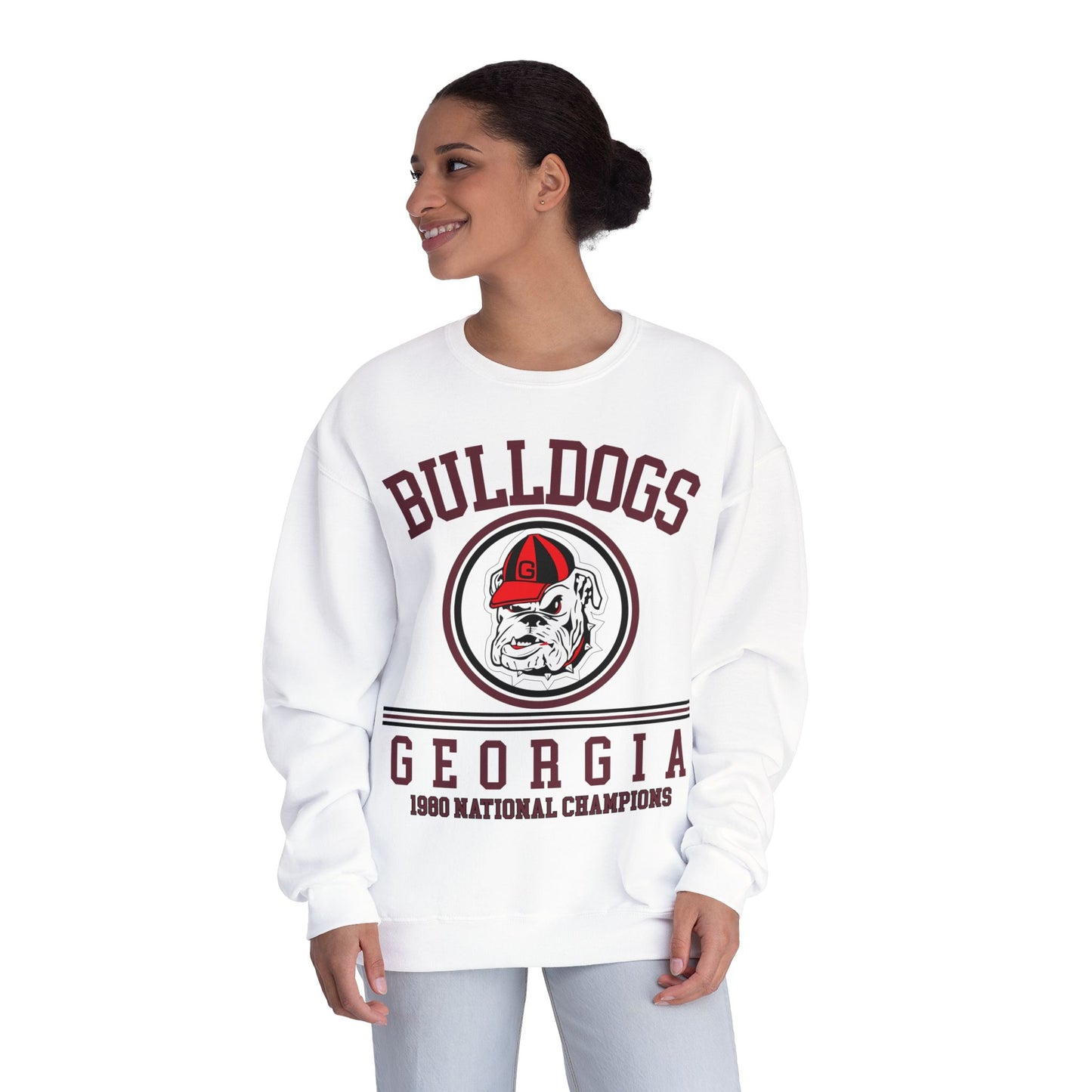 Woman wearing a white sweatshirt with 'Bulldogs Georgia' design on a white background