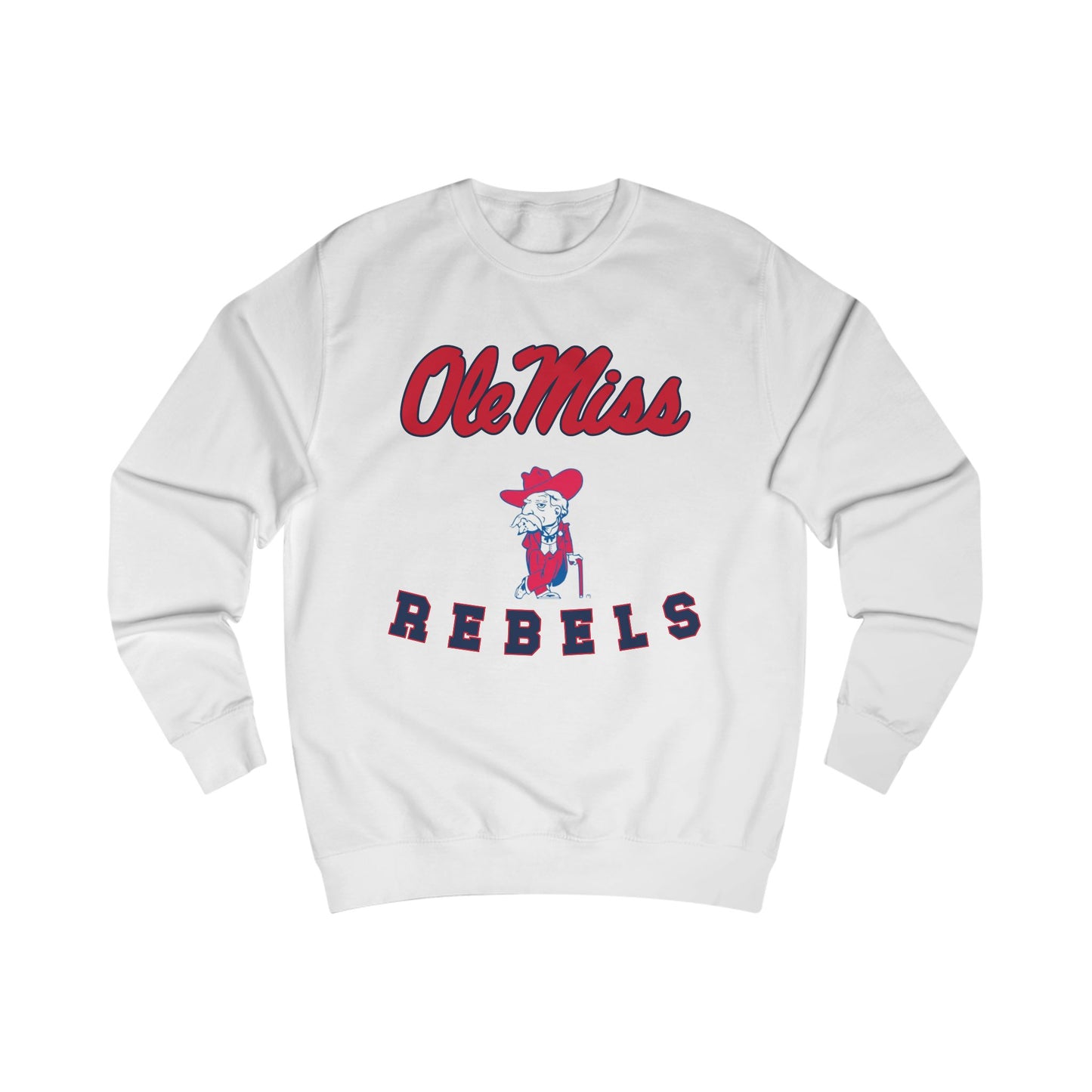 White sweatshirt with 'Ole Miss Rebels' text and logo on a white background