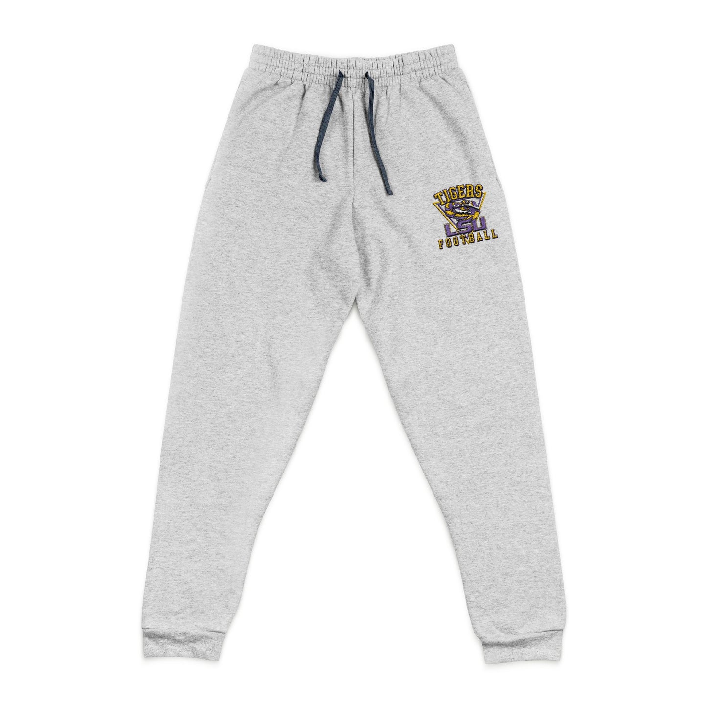 Gray sweatpants with a lsu tigers footballogo on a white background