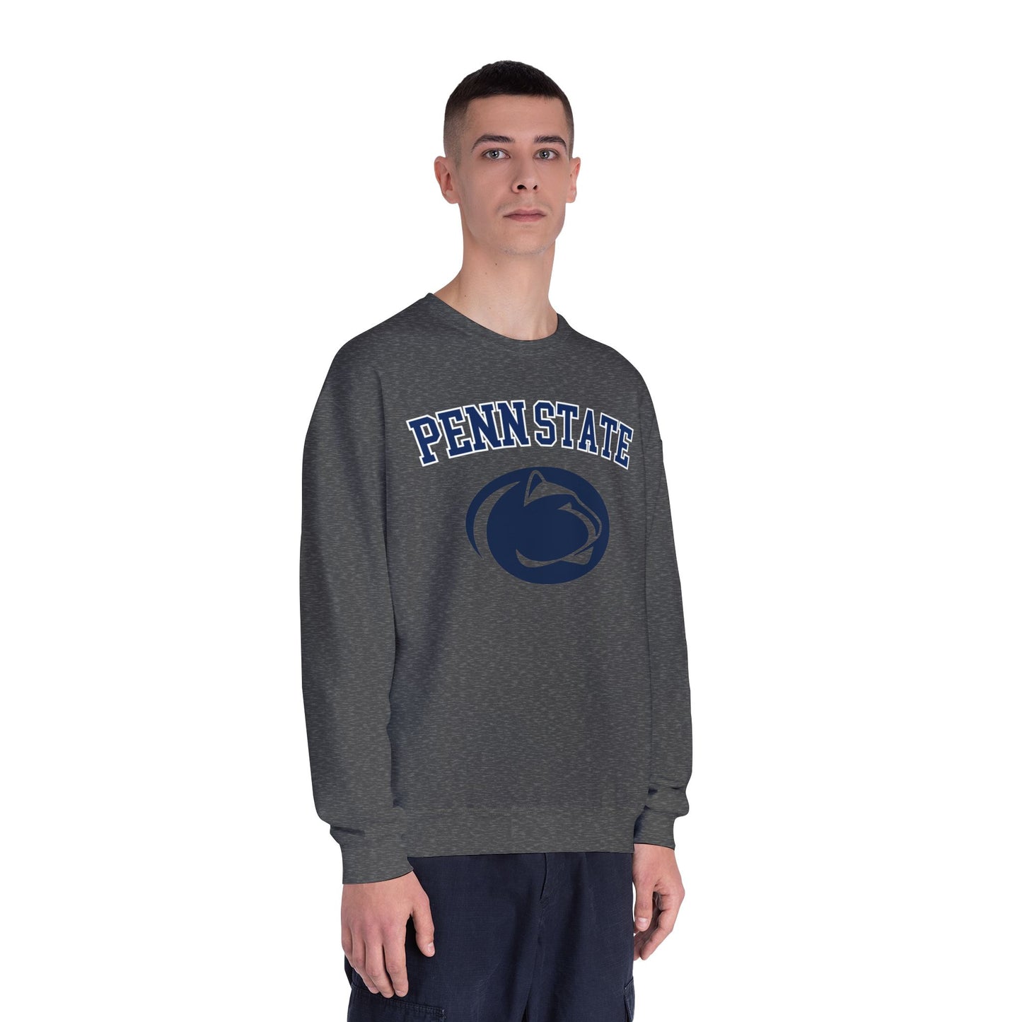 Person wearing a gray 'Penn State' sweatshirt on a white background