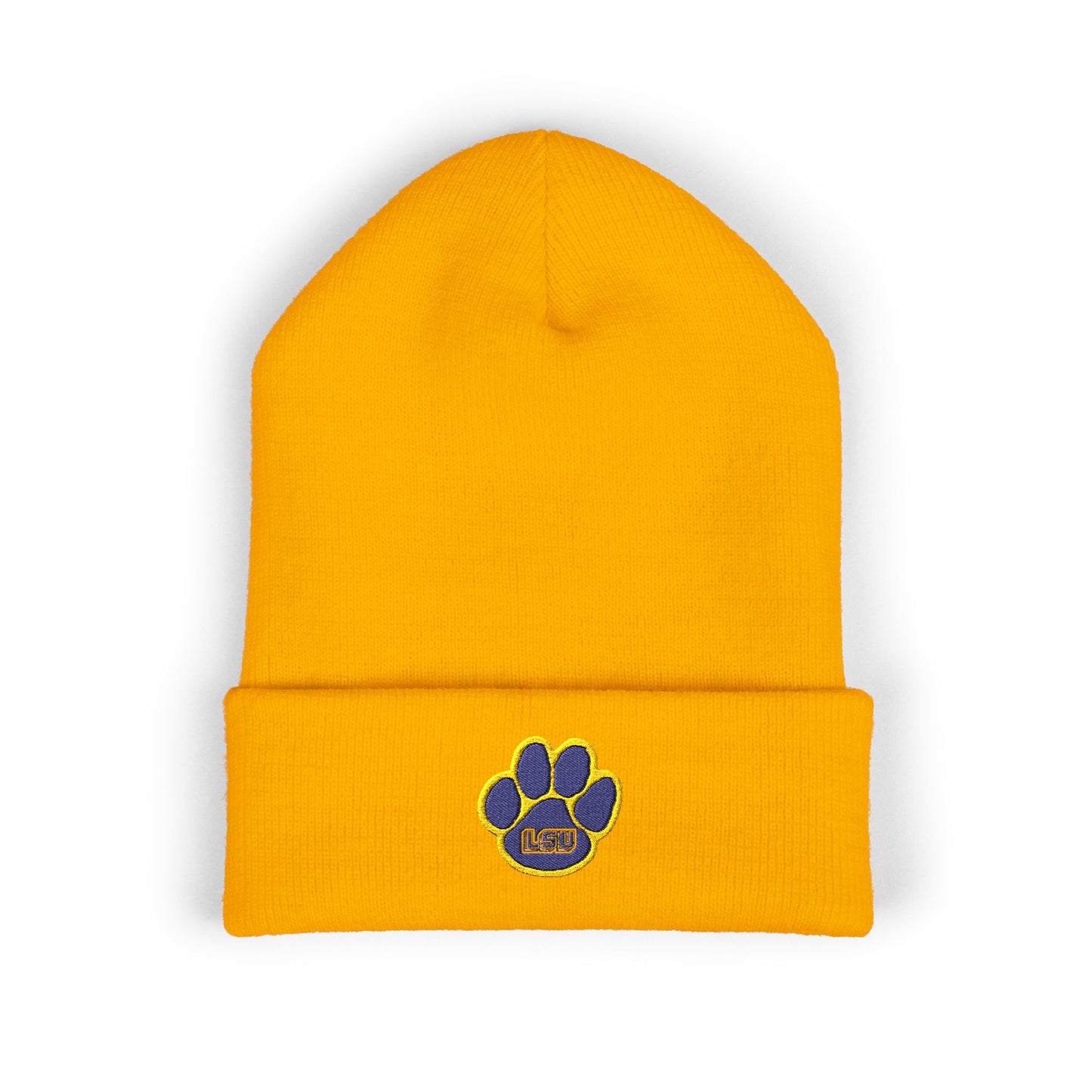 Yellow beanie with a paw print logo on a white background