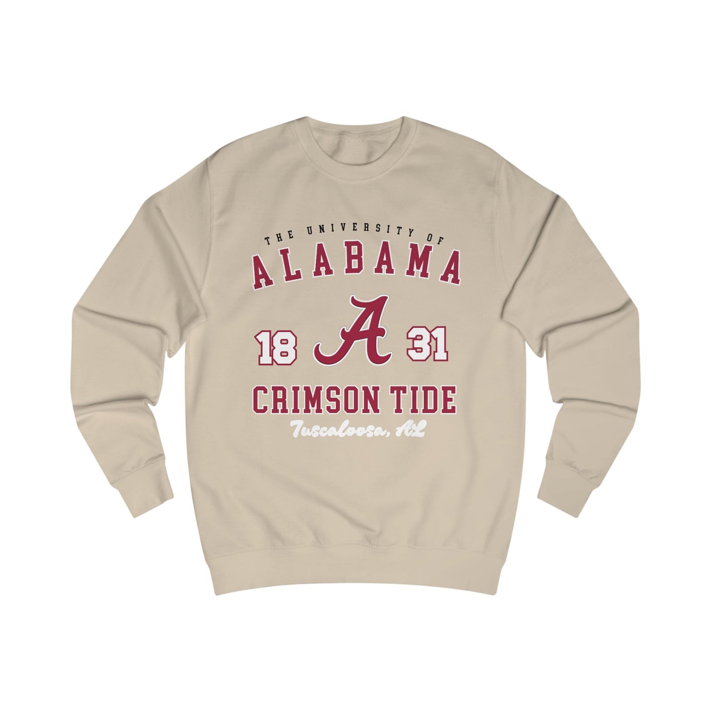 Beige sweatshirt with Alabama Crimson Tide text and logo on a white background