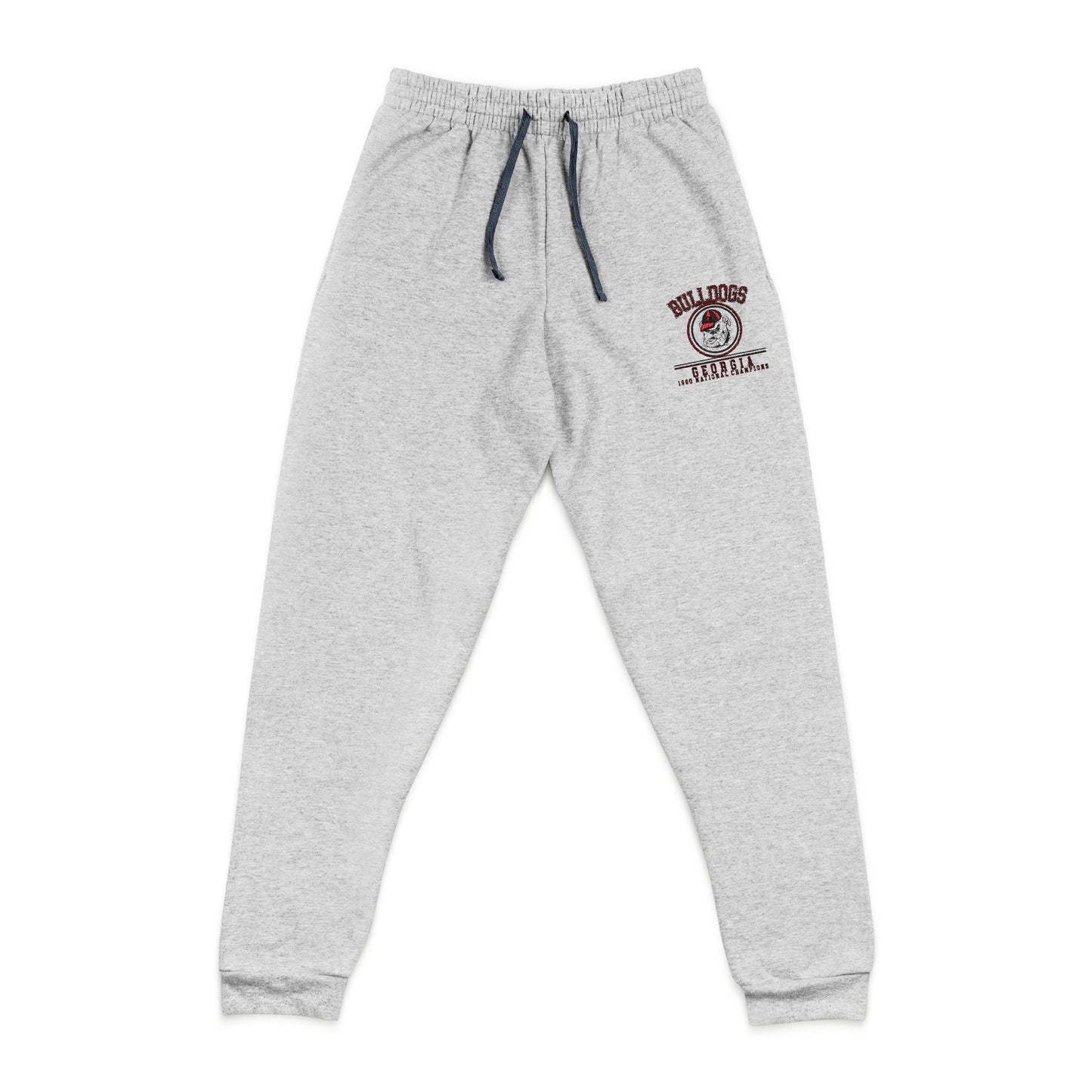 Gray sweatpants with a logo of Georgia Bulldogs on a gray sweatpants on white background