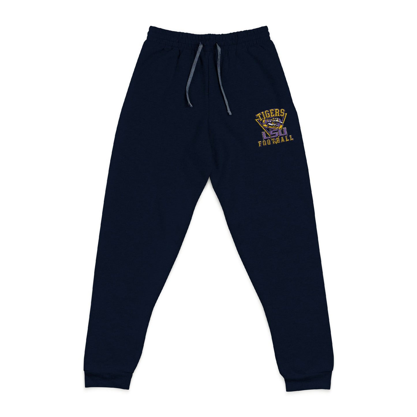 Navy blue sweatpants with a LSU tigers football logo on a white background