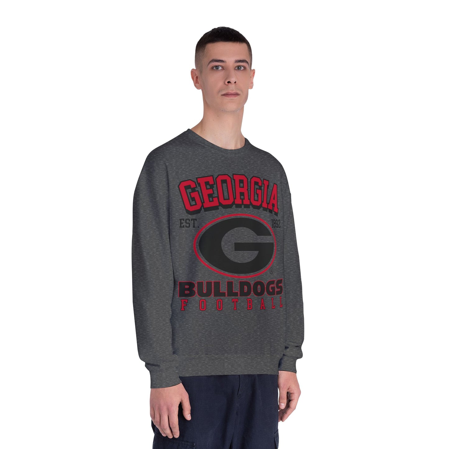 Person wearing a gray 'Georgia Bulldogs' sweatshirt on a white background
