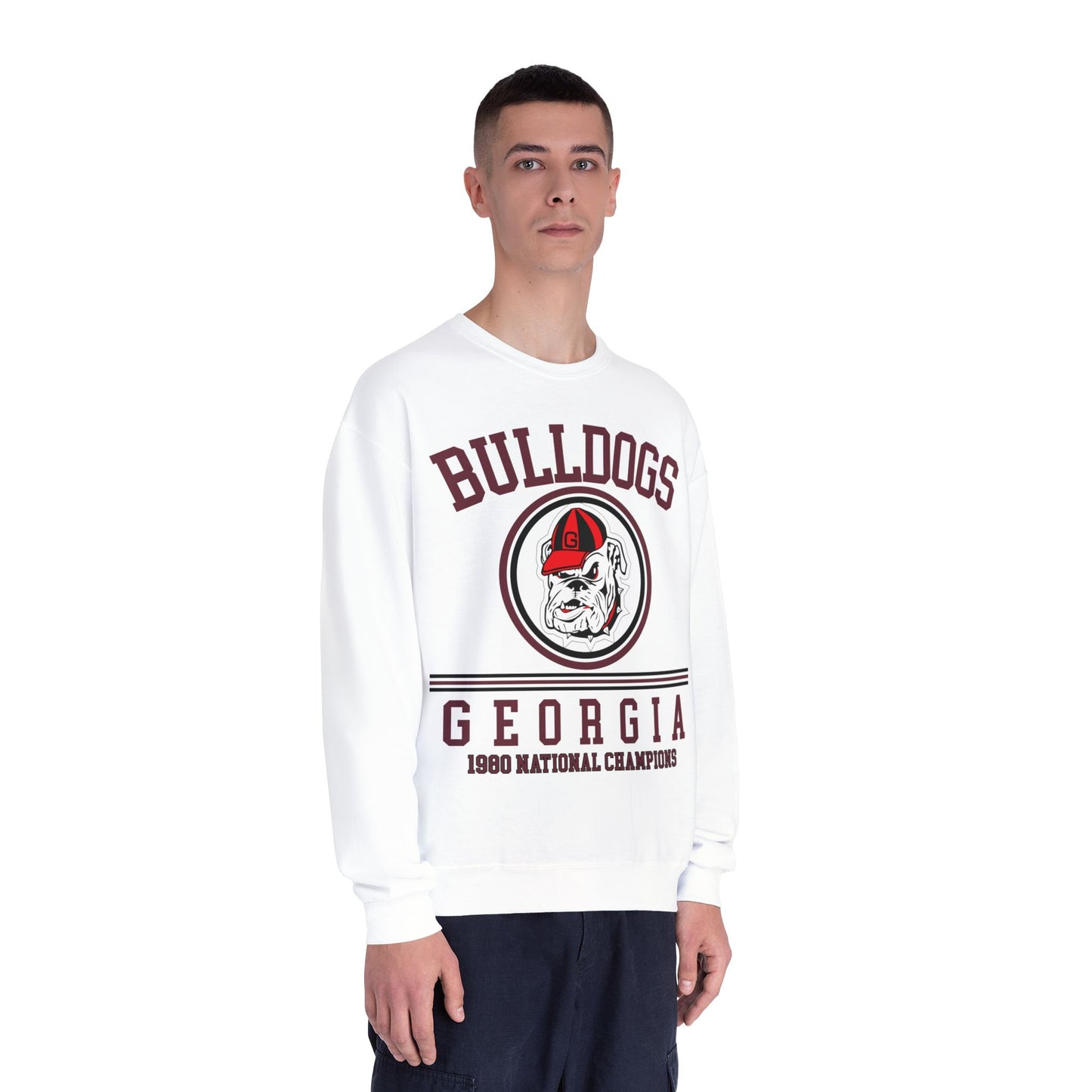 Person wearing a white sweatshirt with 'Bulldogs Georgia' print on a white background