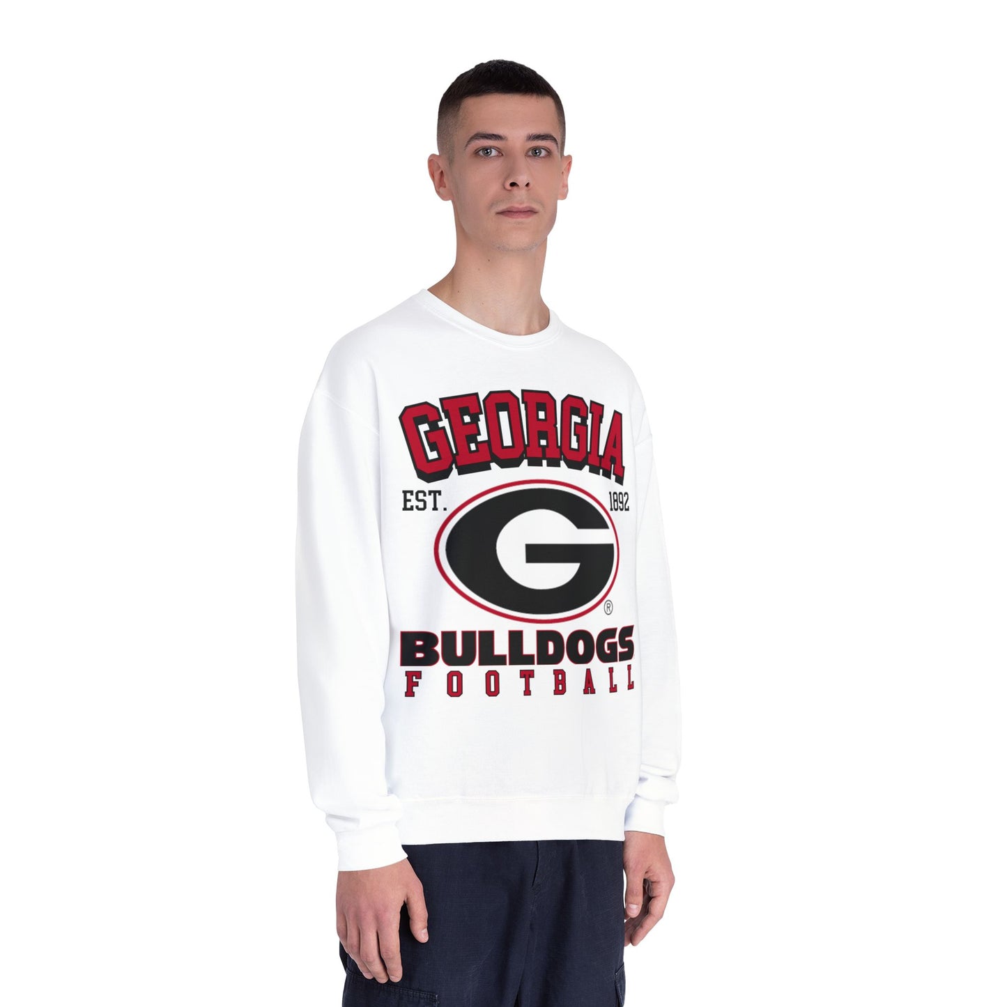 Person wearing a white long-sleeve shirt with 'Georgia Bulldogs Football' text and logo on a white background
