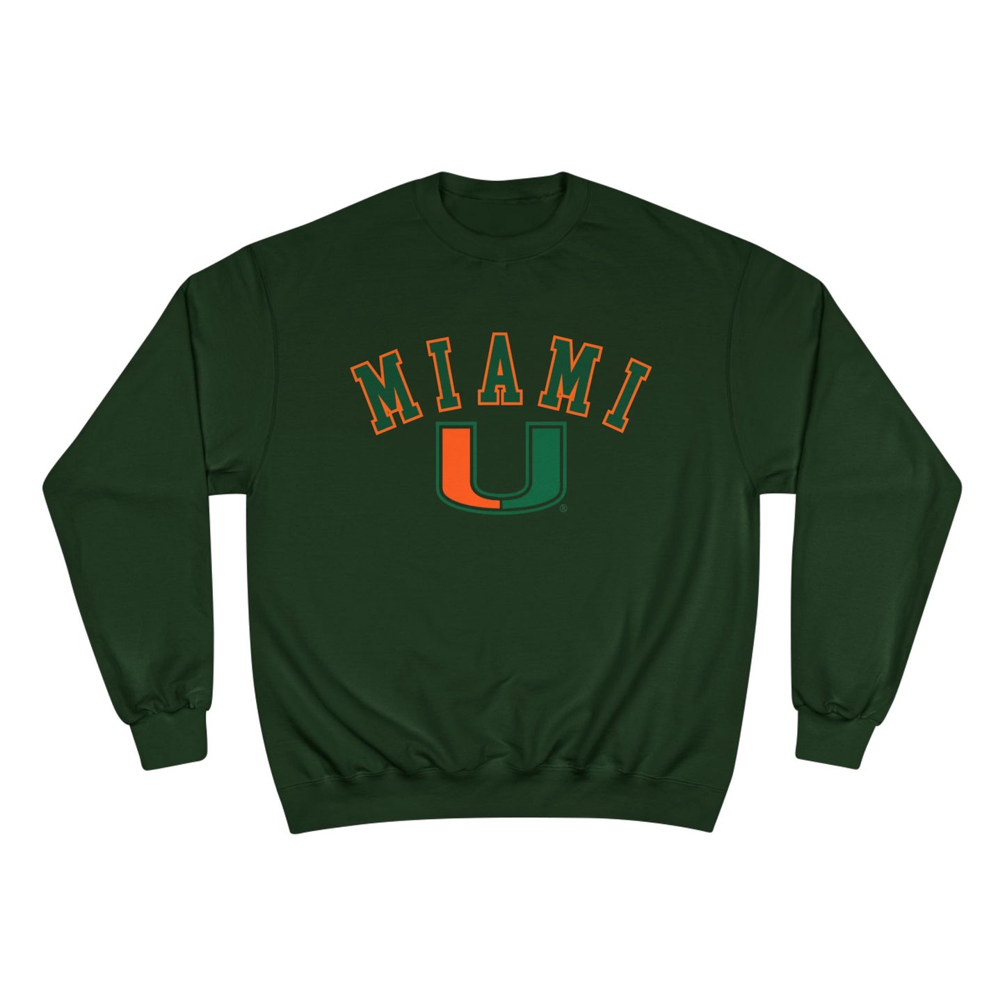 Green sweatshirt with 'MIAMI U' text on a white background