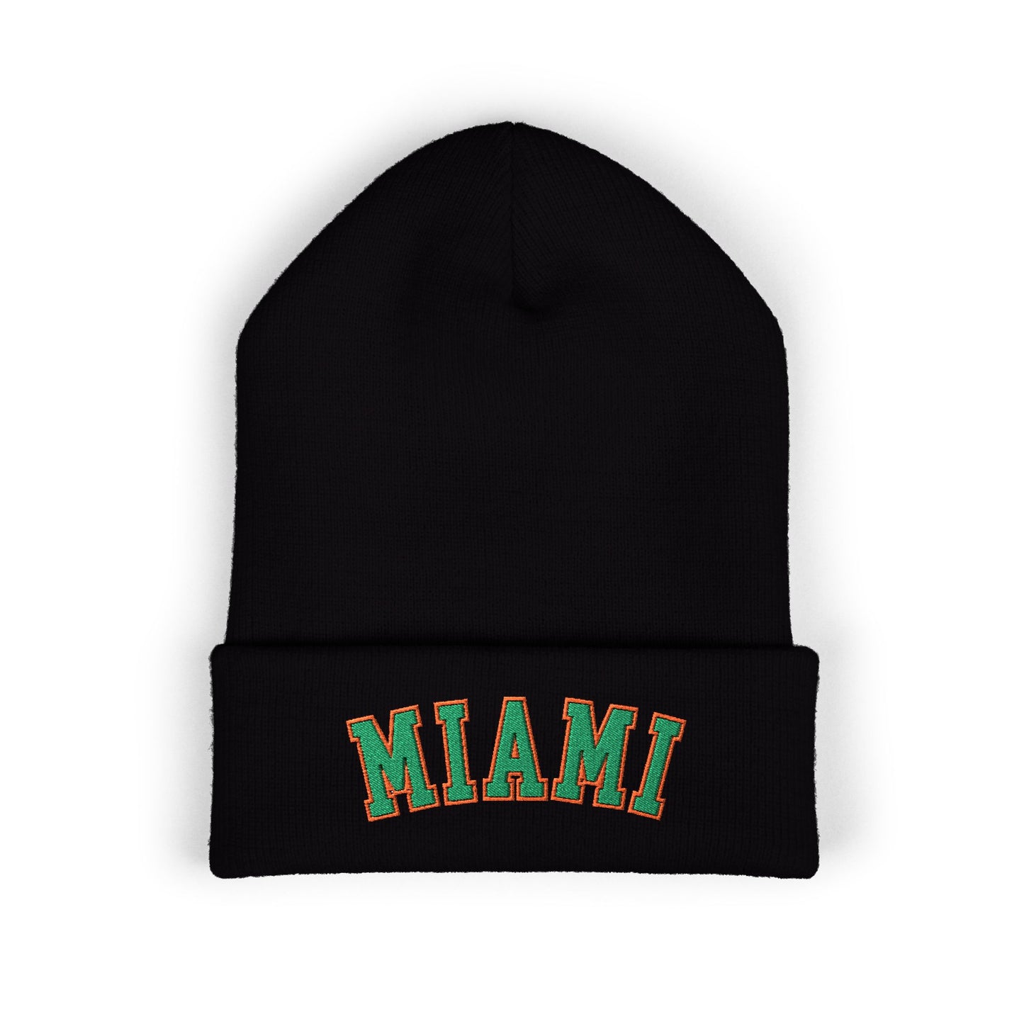 Black beanie with 'MIAMI' text on a white background