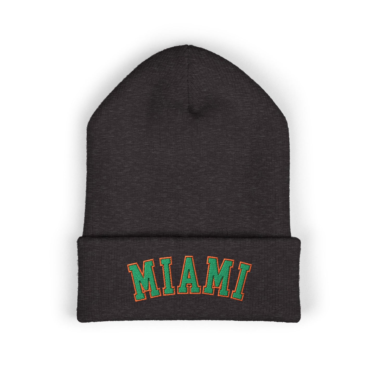 Black beanie with 'MIAMI' text on a white background