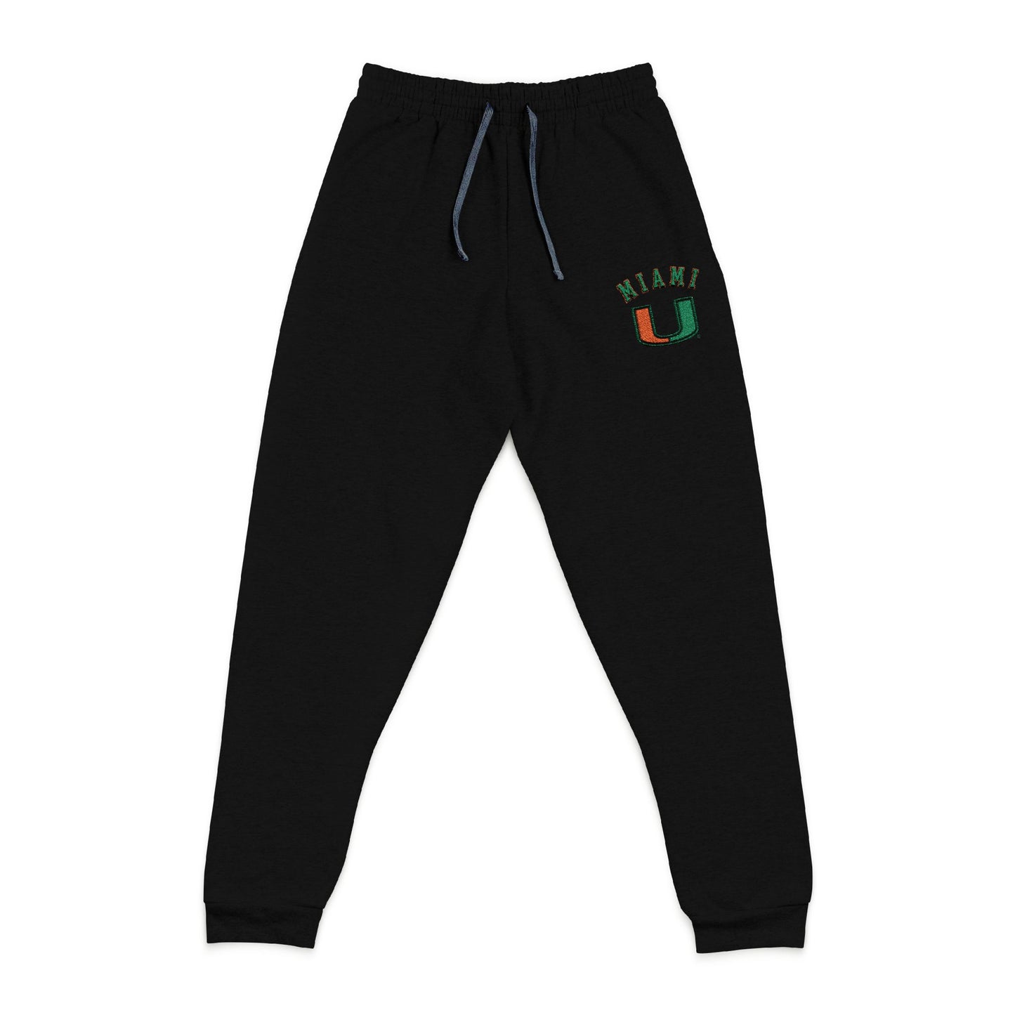 Black sweatpants with 'Miami U' logo on a white background