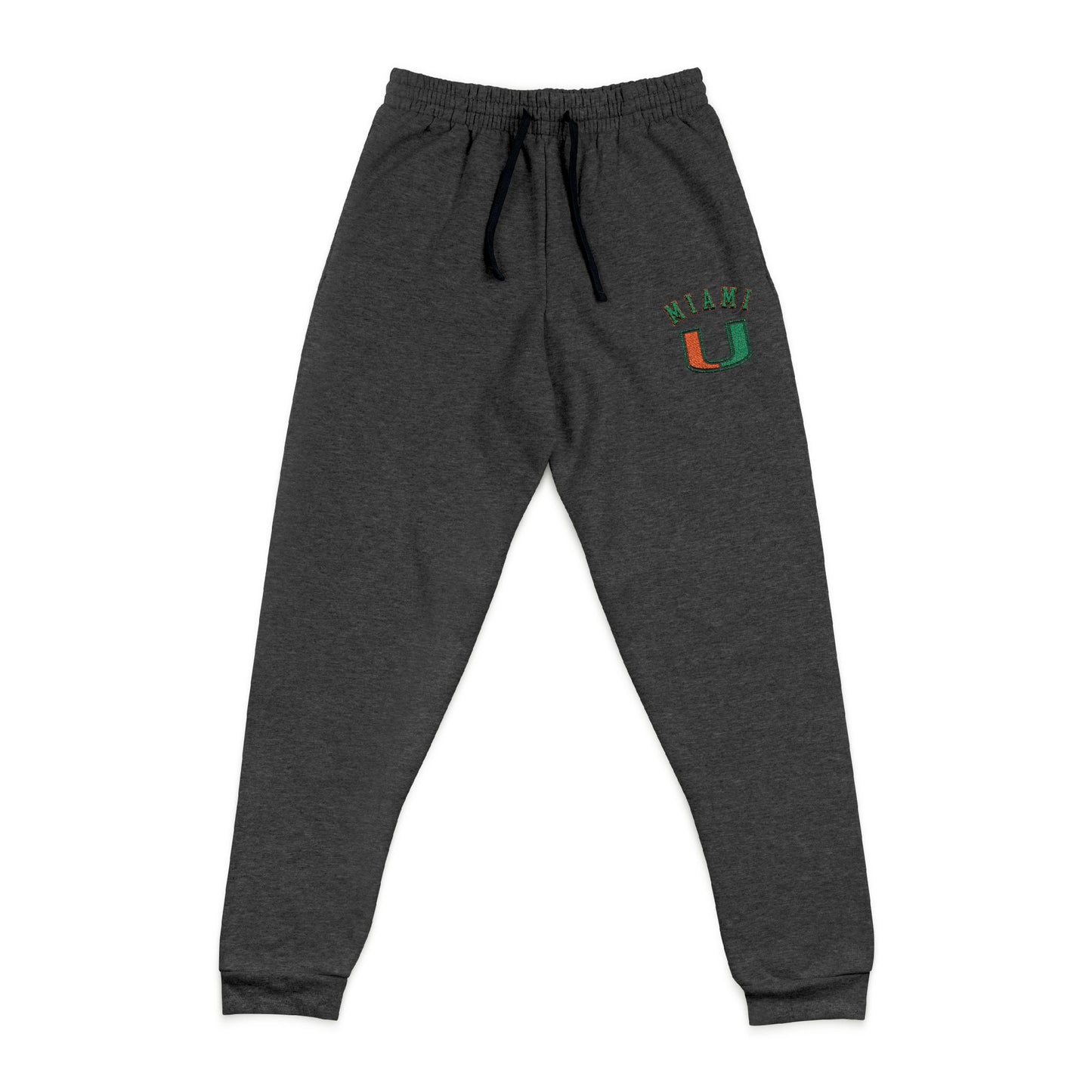 Gray sweatpants with 'Miami U' logo on a white background