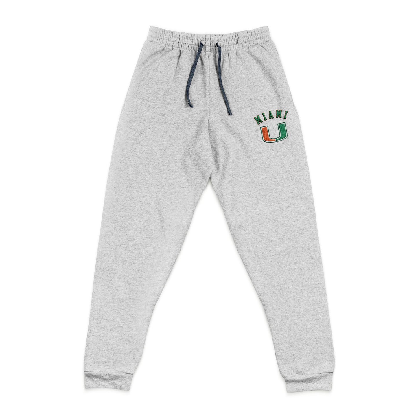 Gray sweatpants with a logo on a white background