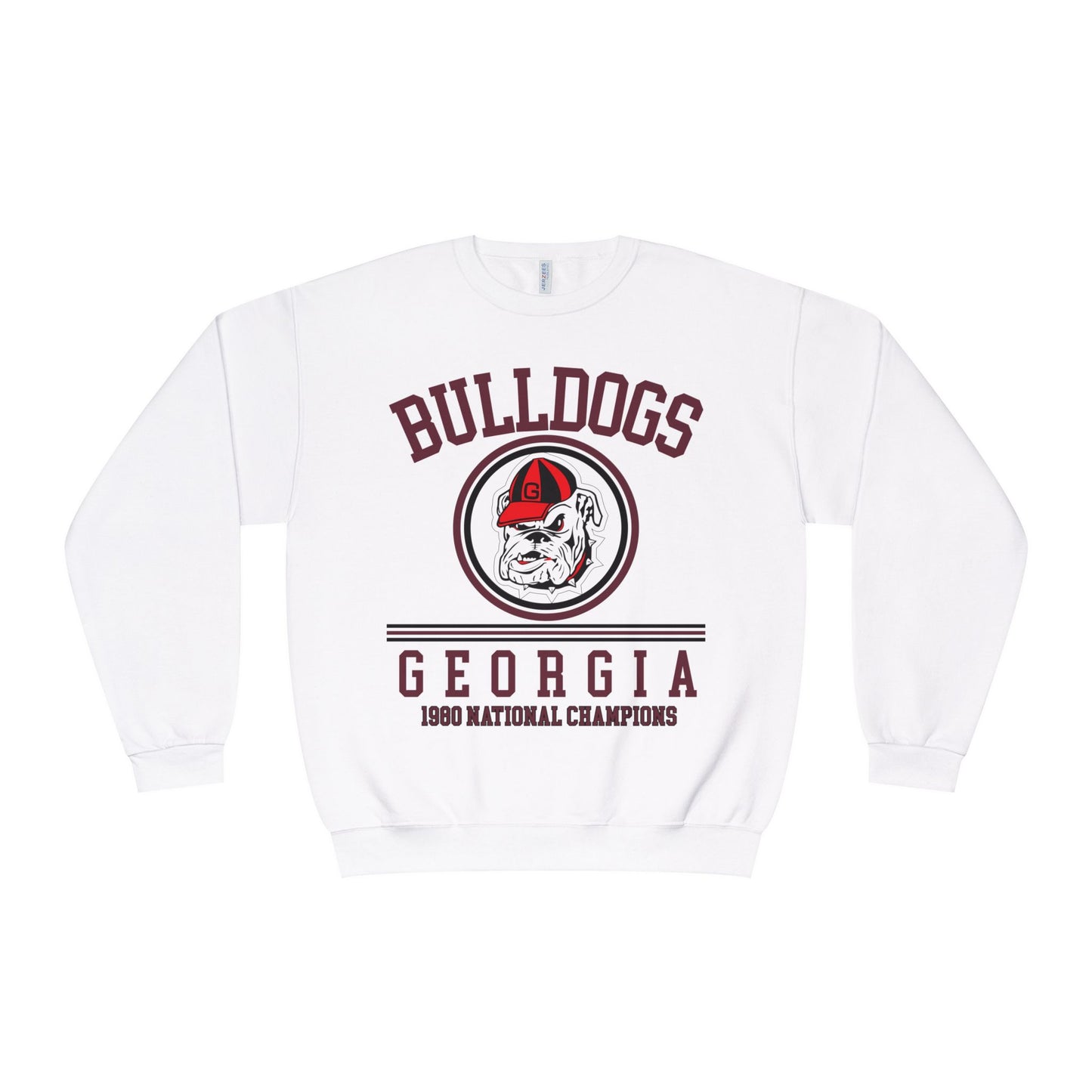 White sweatshirt with 'Bulldogs Georgia' and '1986 National Champions' text on a white background