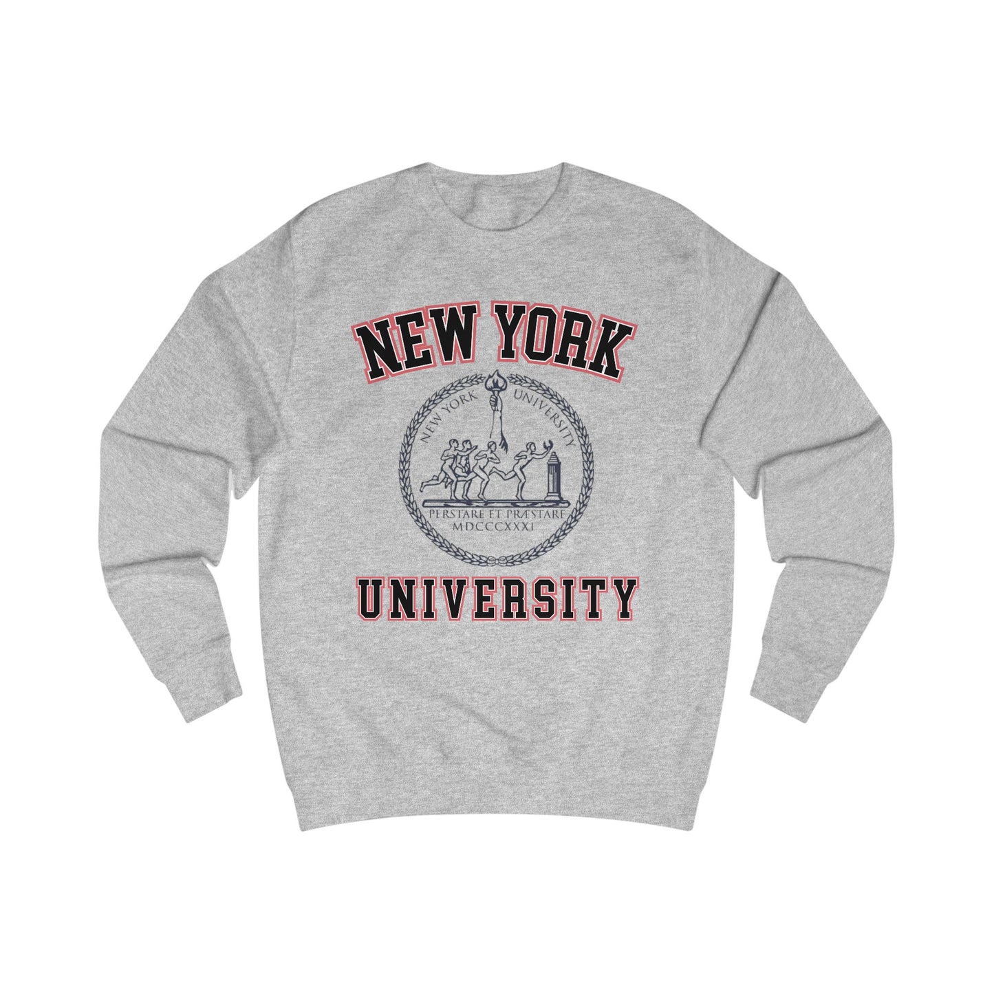 Gray sweatshirt with 'New York University' text and logo on a white background