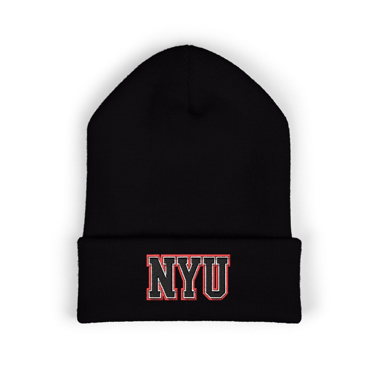 Black beanie with 'NYU' logo on a white background