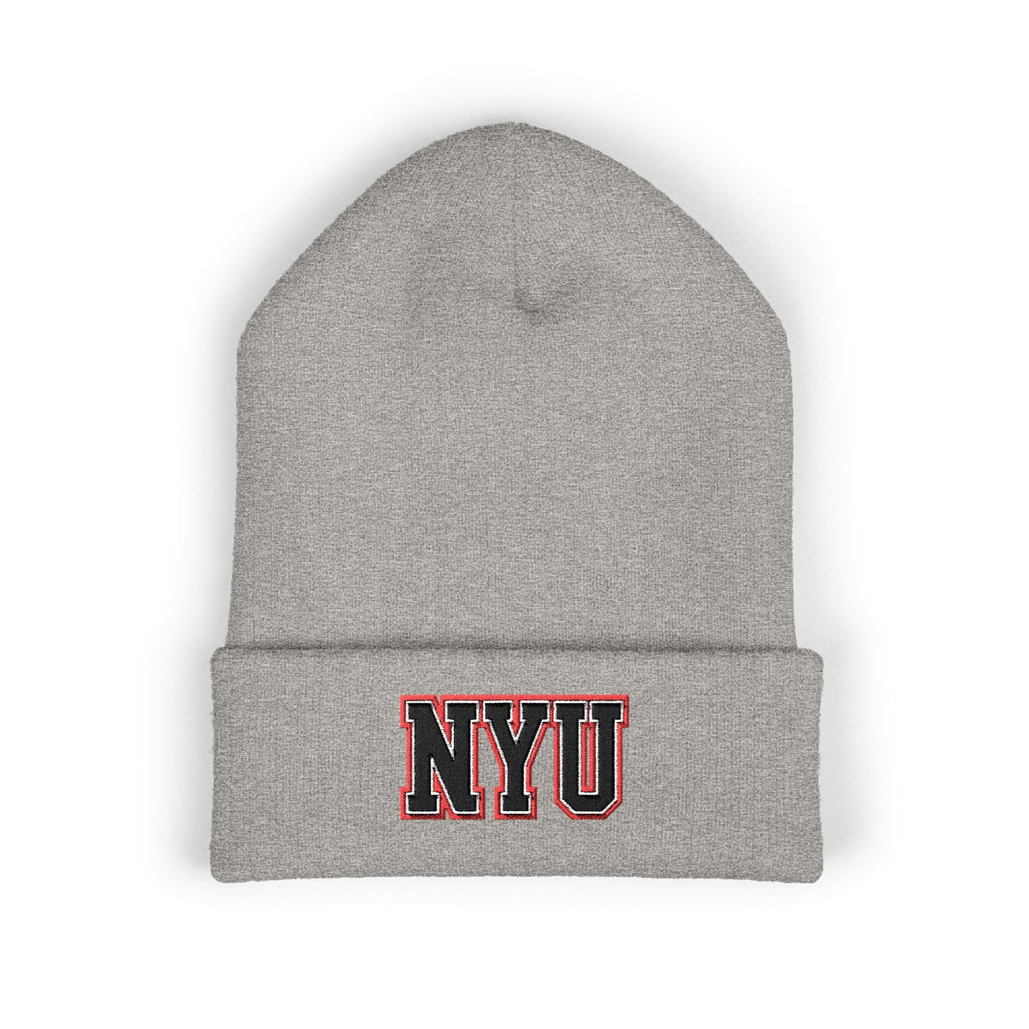 Gray beanie with 'NYU' logo on a white background