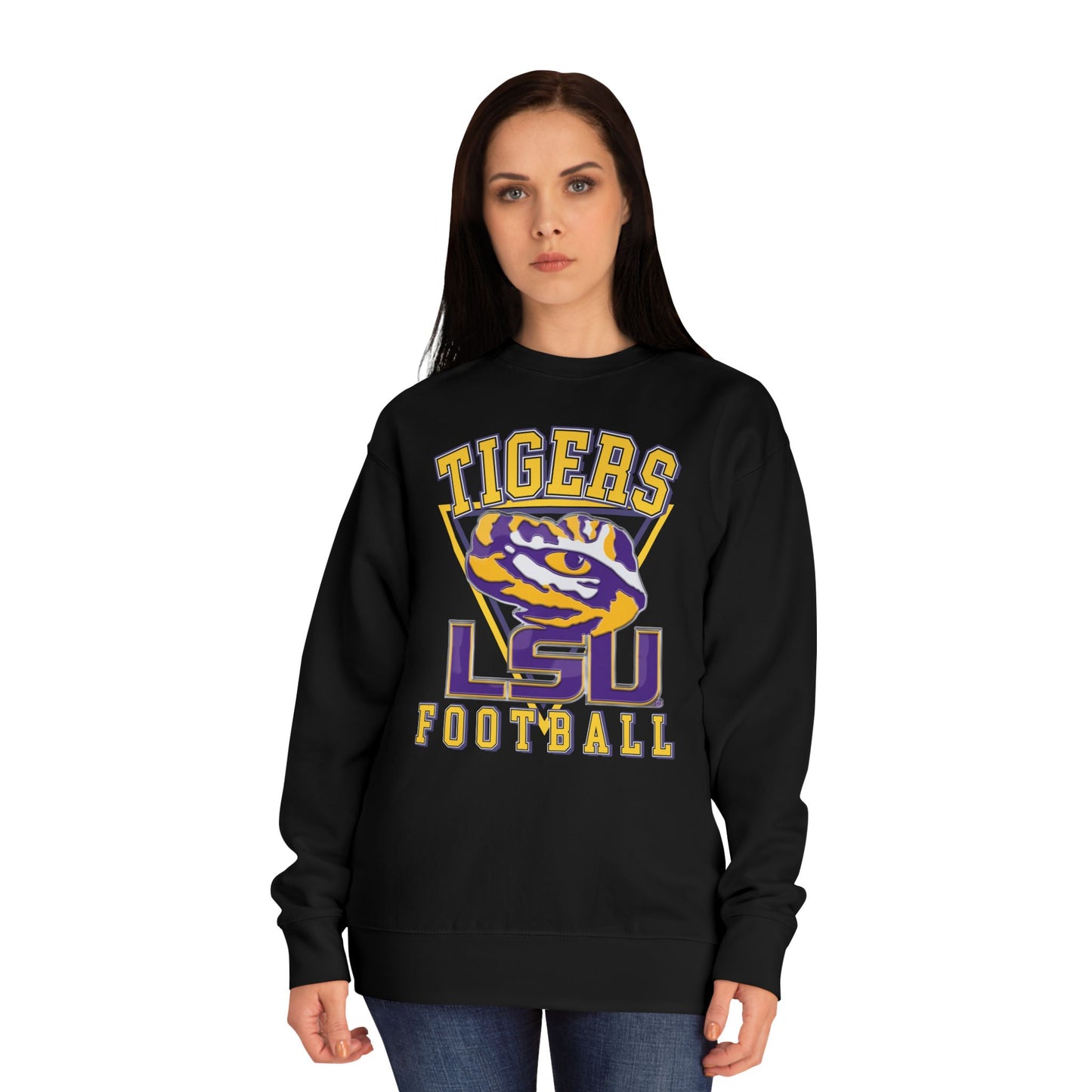 Person wearing a black LSU Tigers football sweatshirt on a white background