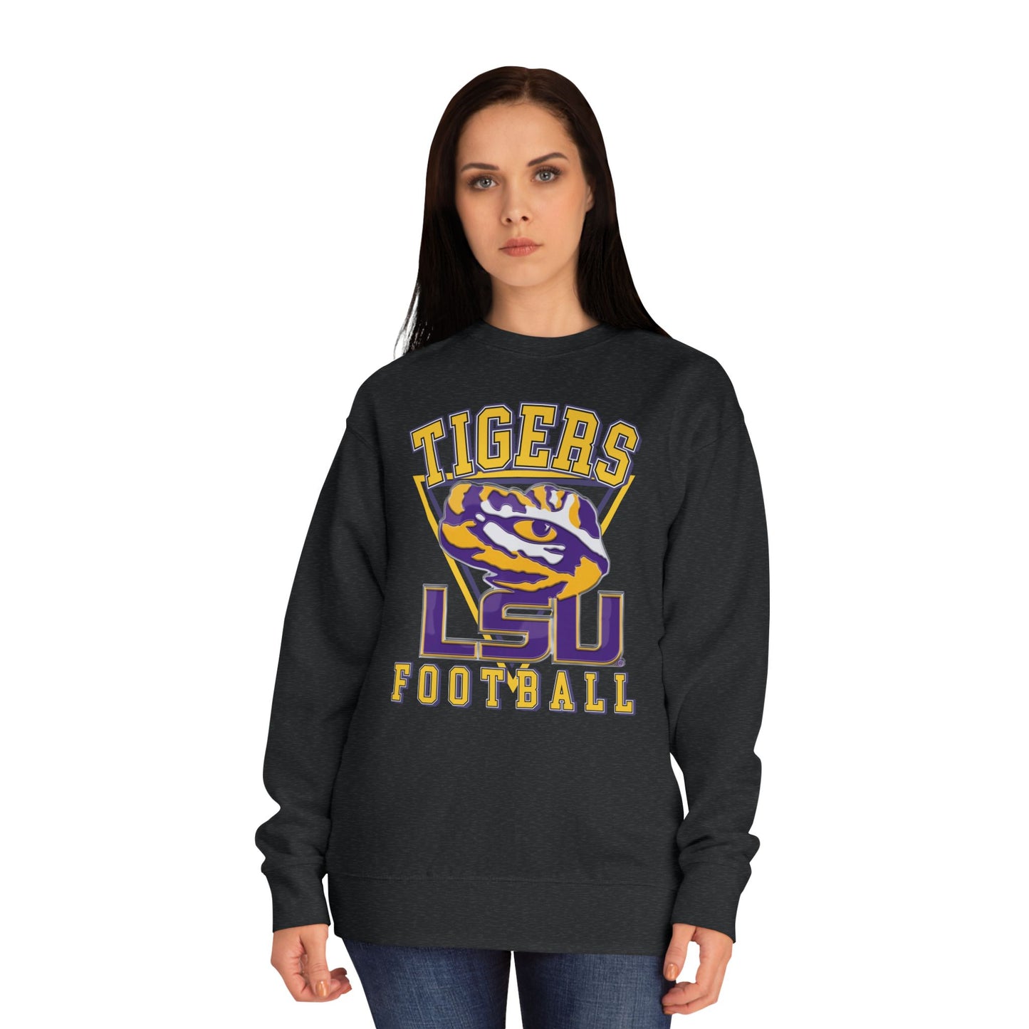 Person wearing a black LSU Tigers football sweatshirt on a white background