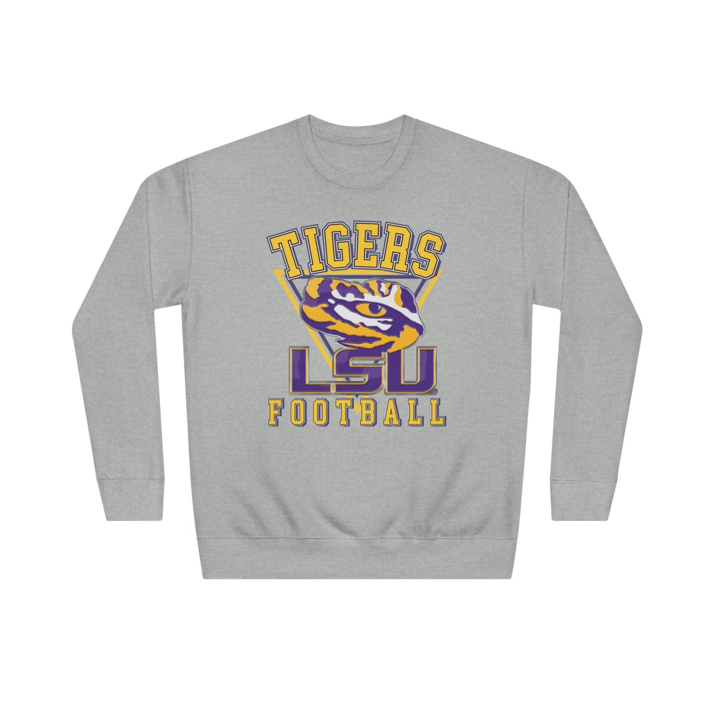 Gray sweatshirt with LSU Tigers football design on a white background