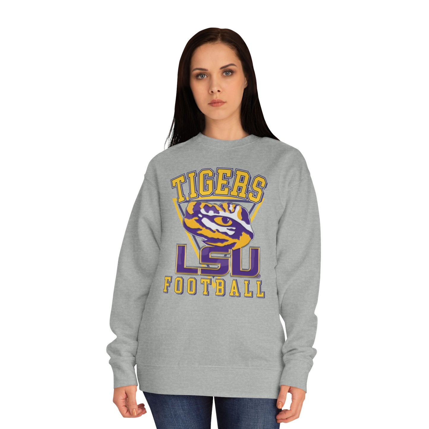 Person wearing a gray LSU Tigers football sweatshirt on a white background