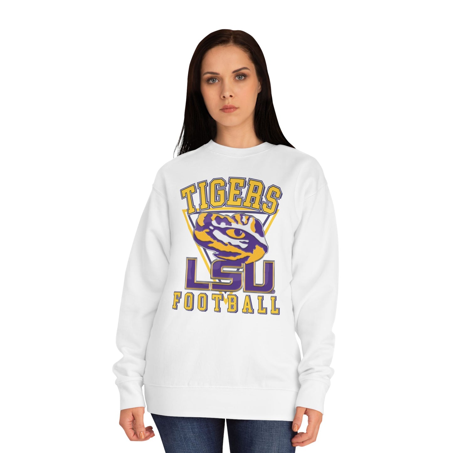 Woman wearing a white long-sleeve shirt with LSU Tigers football design on a white background