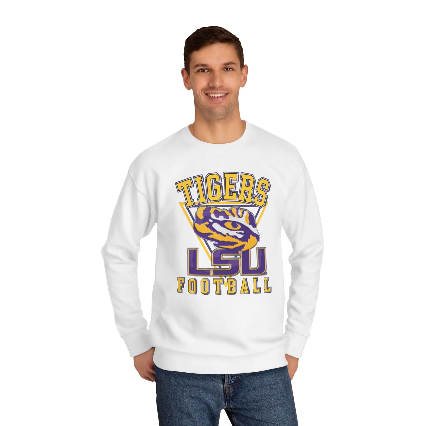 Person wearing a white sweatshirt with 'Tigers LSU Football' text and logo on a white background