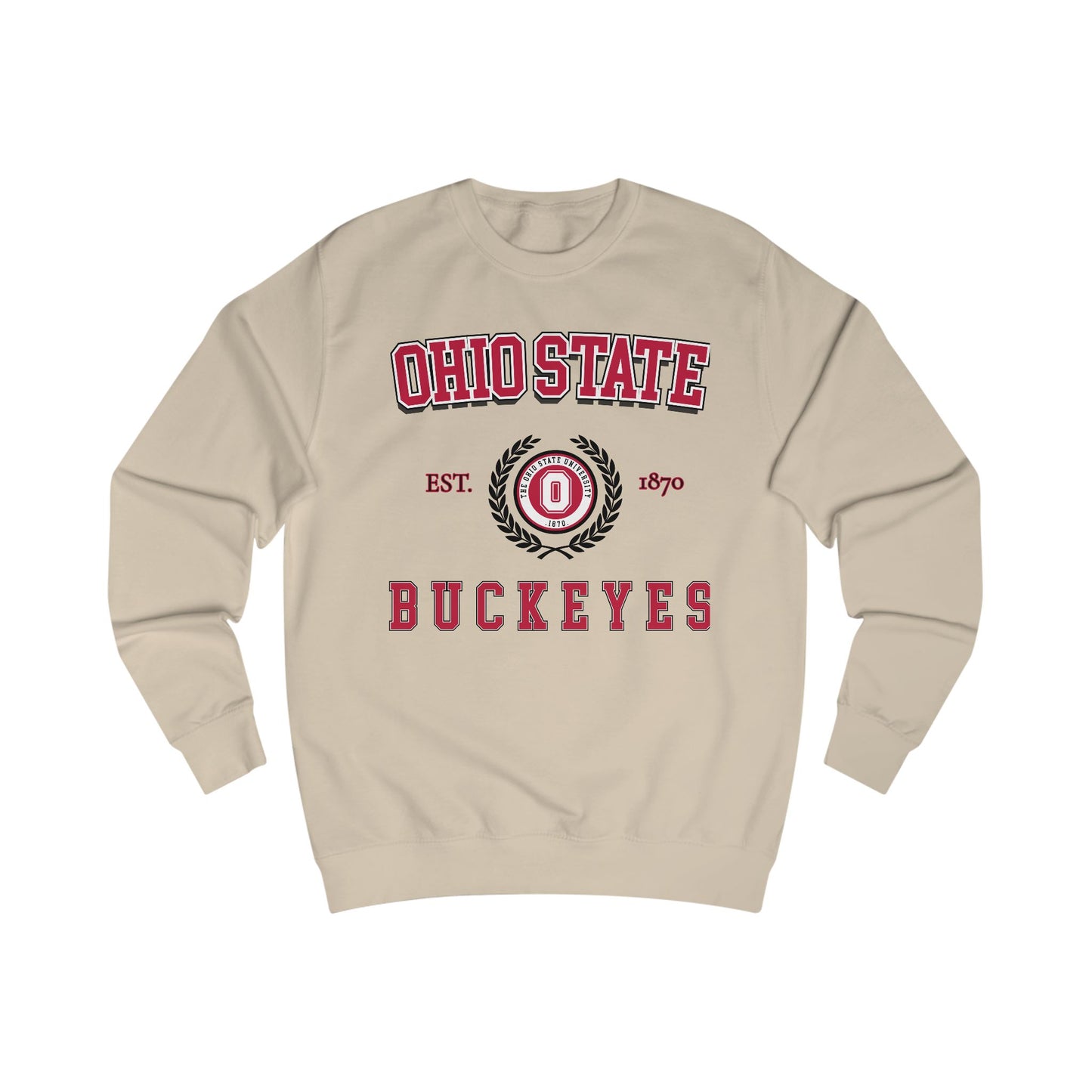 Beige sweatshirt with Ohio State Buckeyes logo and text on a white background