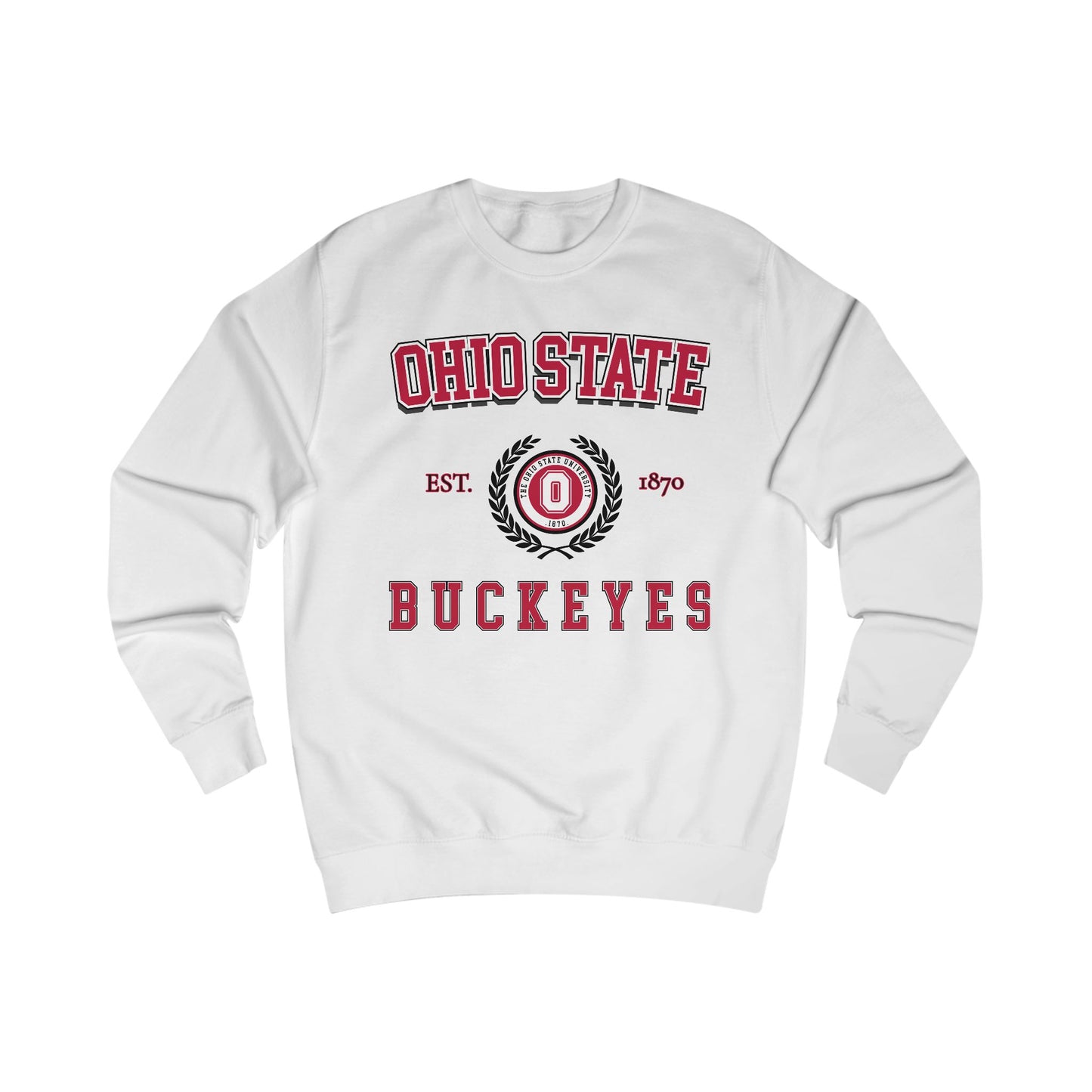 White sweatshirt with Ohio State Buckeyes logo on a white background