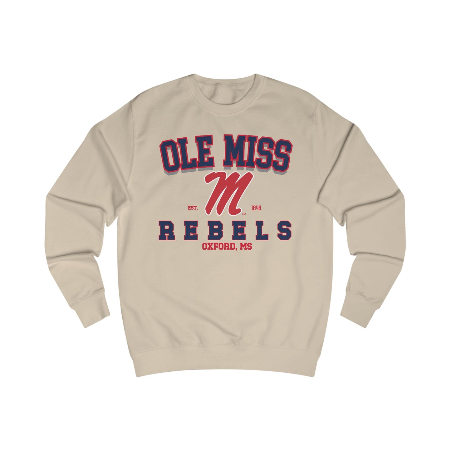 Beige sweatshirt with 'Ole Miss Rebels' text on a white background