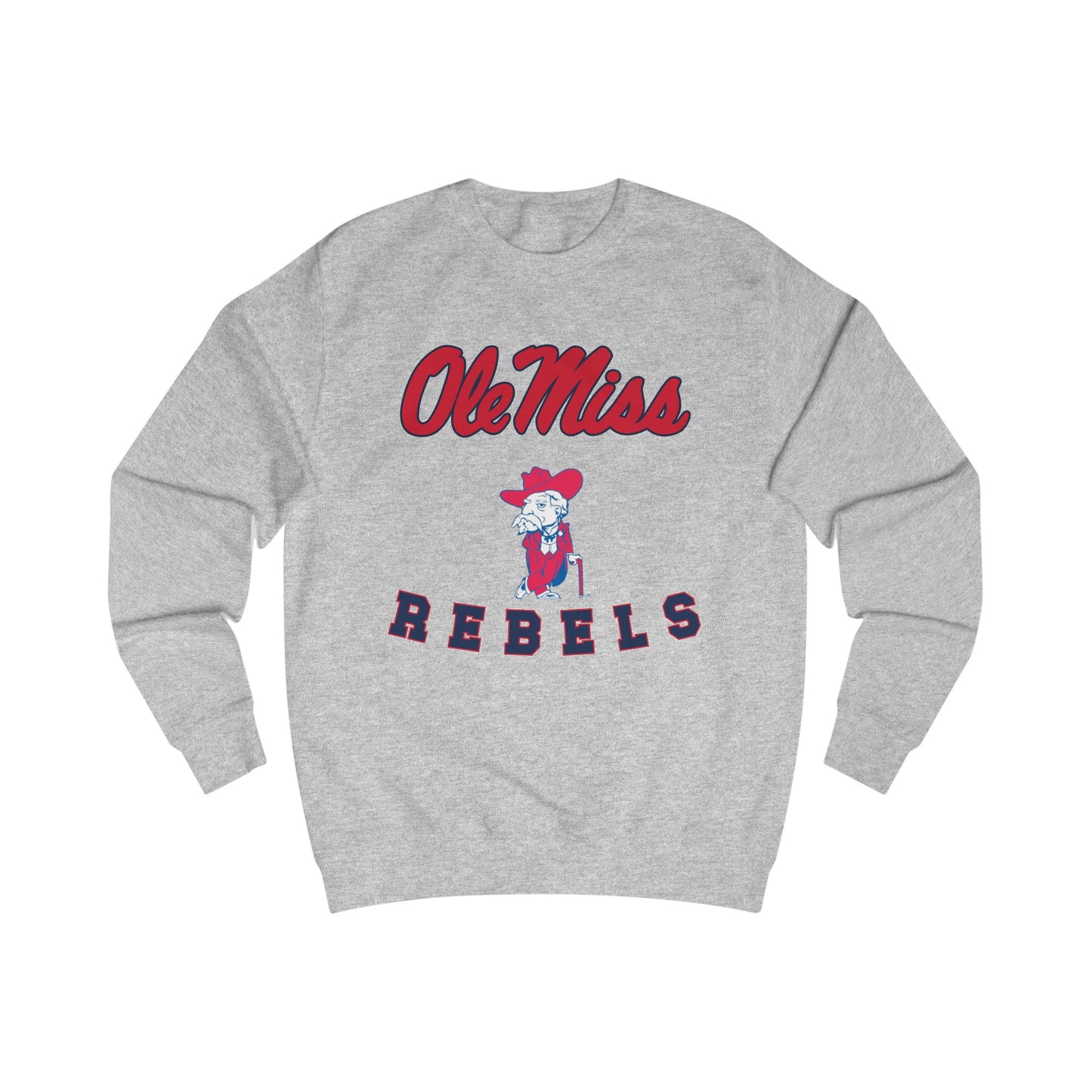 Gray sweatshirt with 'Ole Miss Rebels' text and logo on a white background