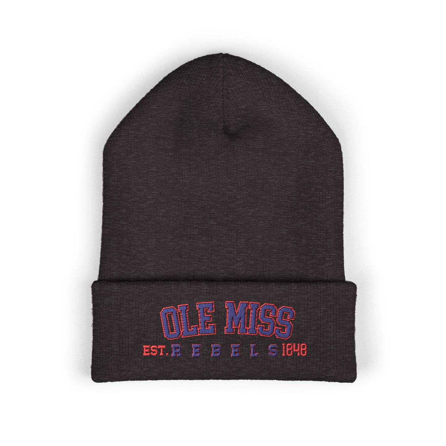 Black beanie with 'Ole Miss' text on a white background