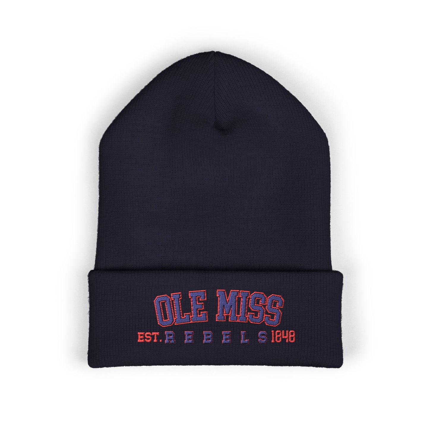 Black beanie with 'Ole Miss Rebels' text on a white background