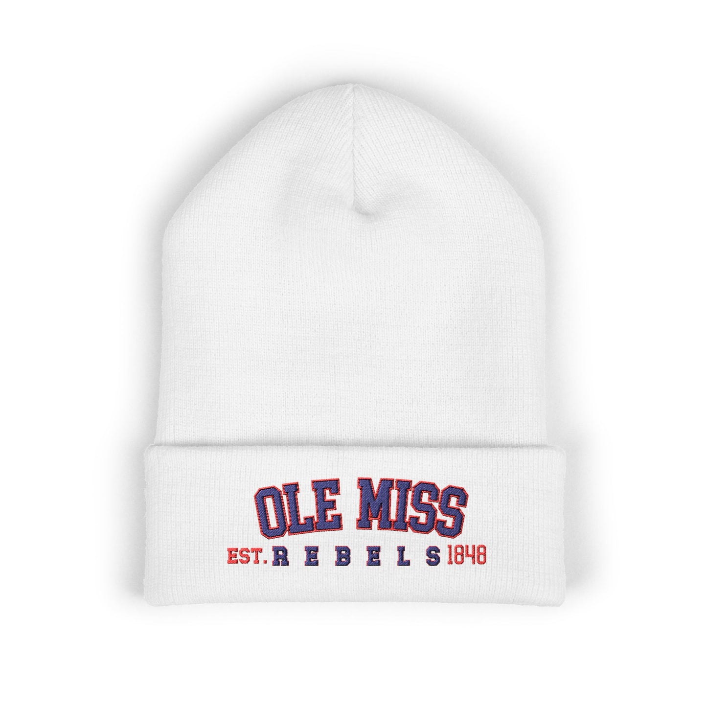 White beanie with 'OLE MISS REBELS' text on a white background