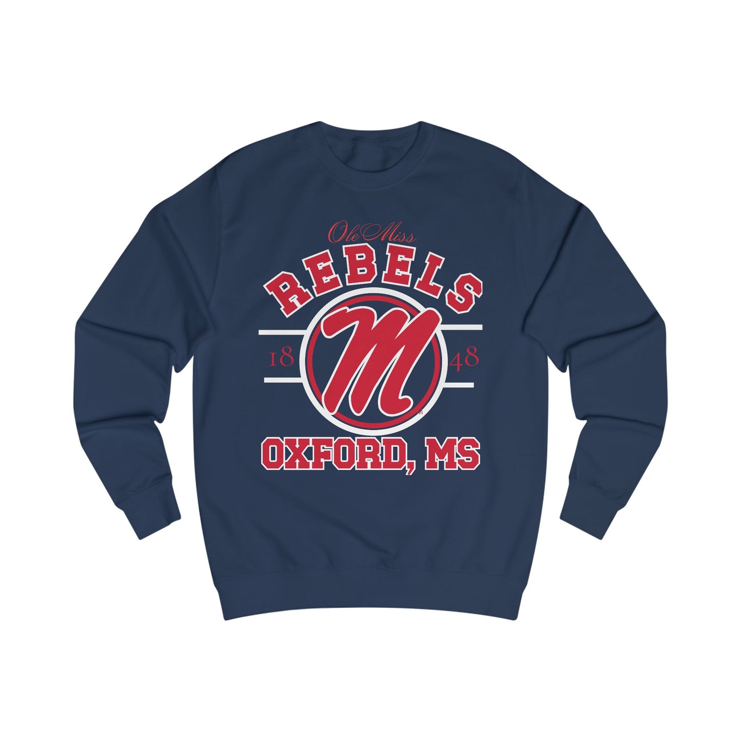 Navy blue sweatshirt with red and white 'REBELS' and 'OXFORD, MS' text on a white background