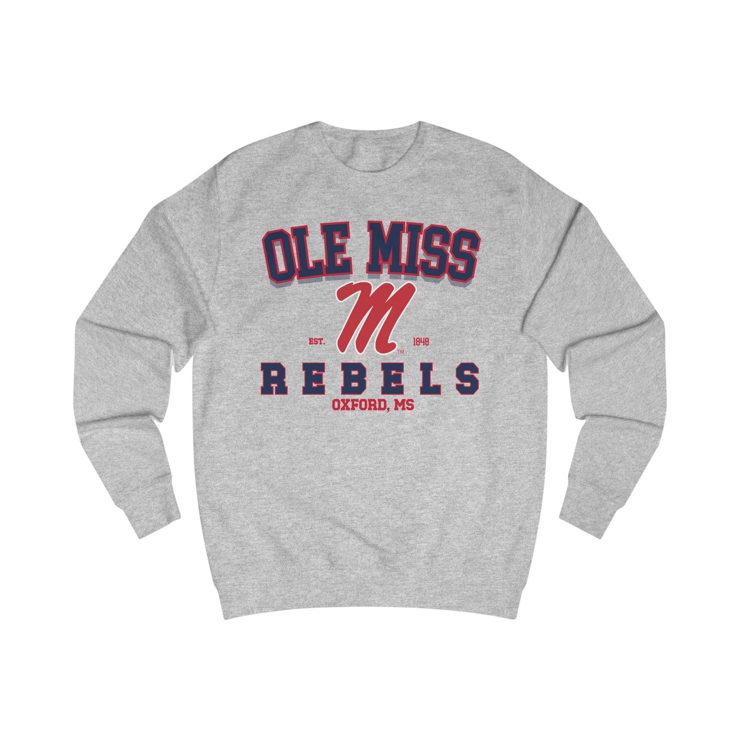 Gray sweatshirt with 'Ole Miss Rebels' text and logo on a white background