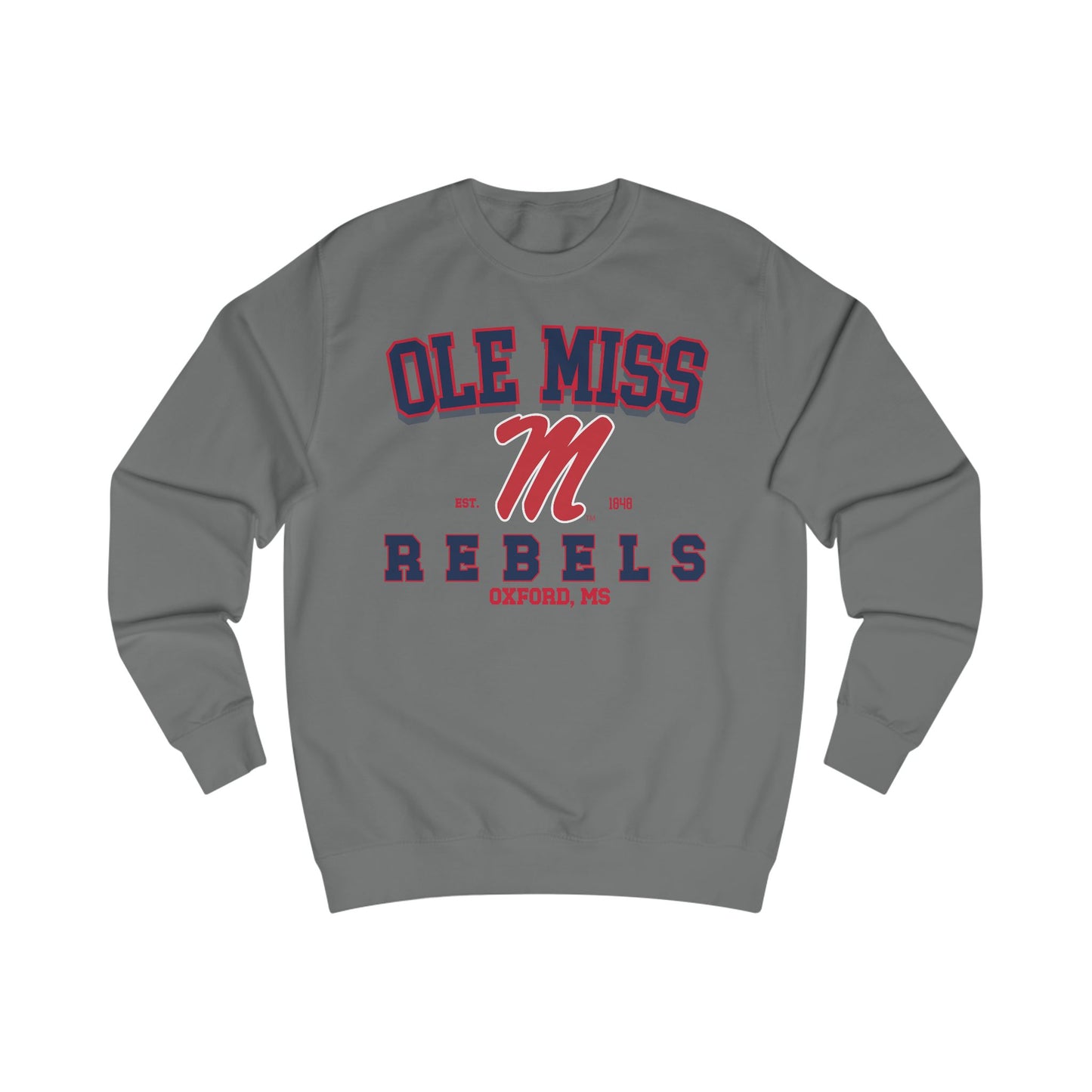Gray sweatshirt with 'Ole Miss Rebels' text and logo on a white background